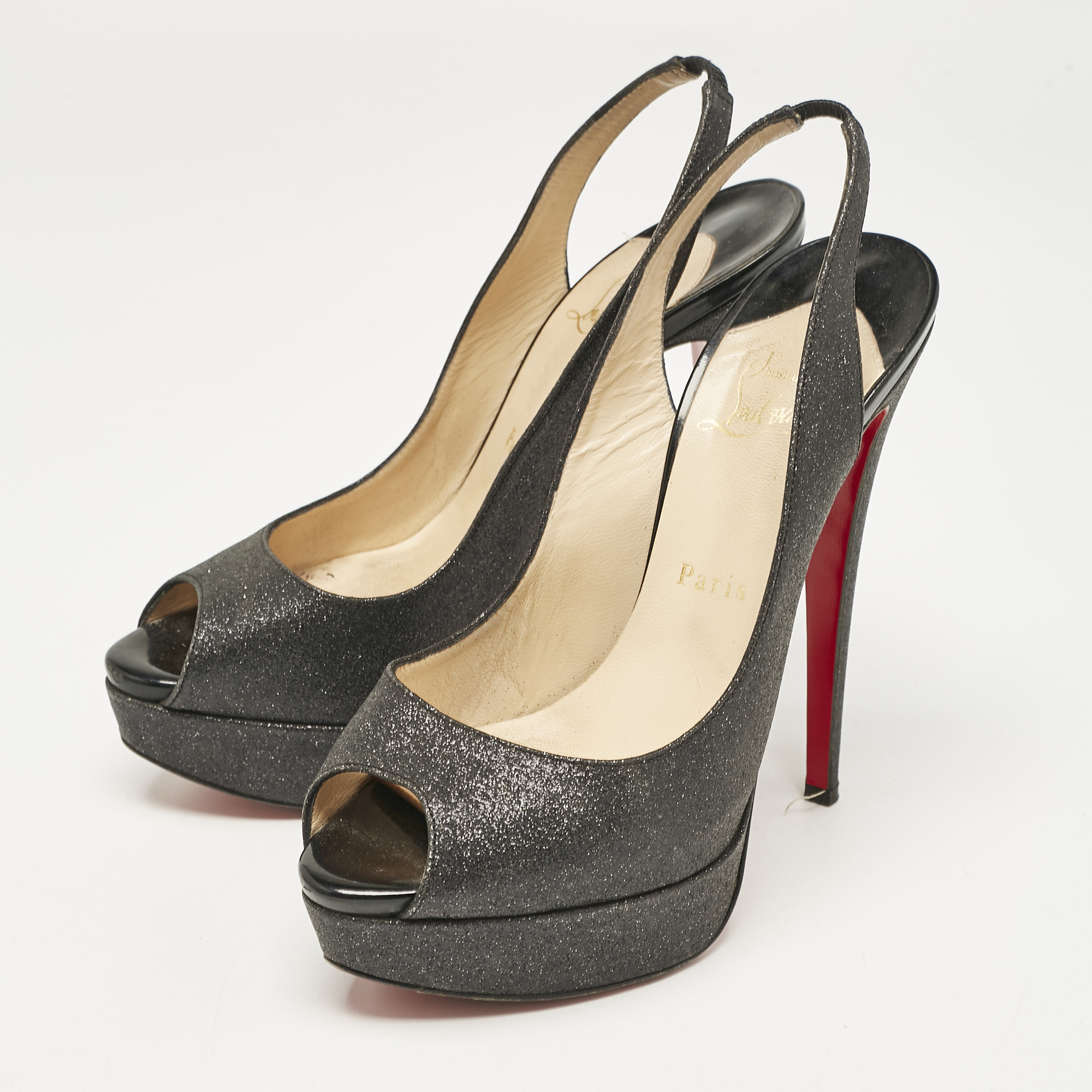 Christian Louboutin Grey Glitter Lady Peep Slingback Pumps Size 39 