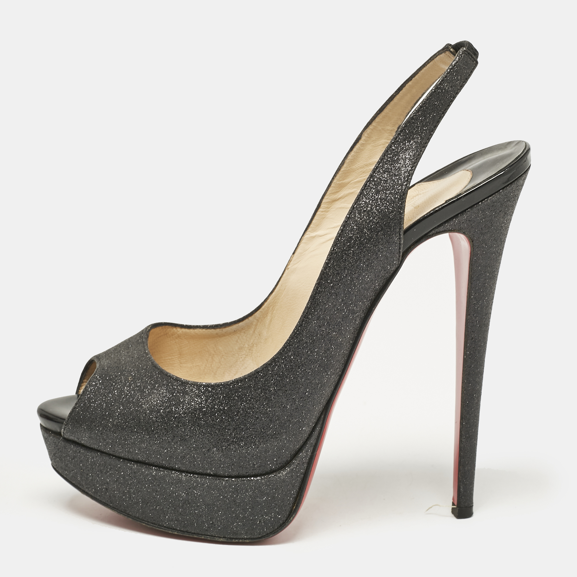 

Christian Louboutin Grey Glitter Lady Peep Slingback Pumps Size