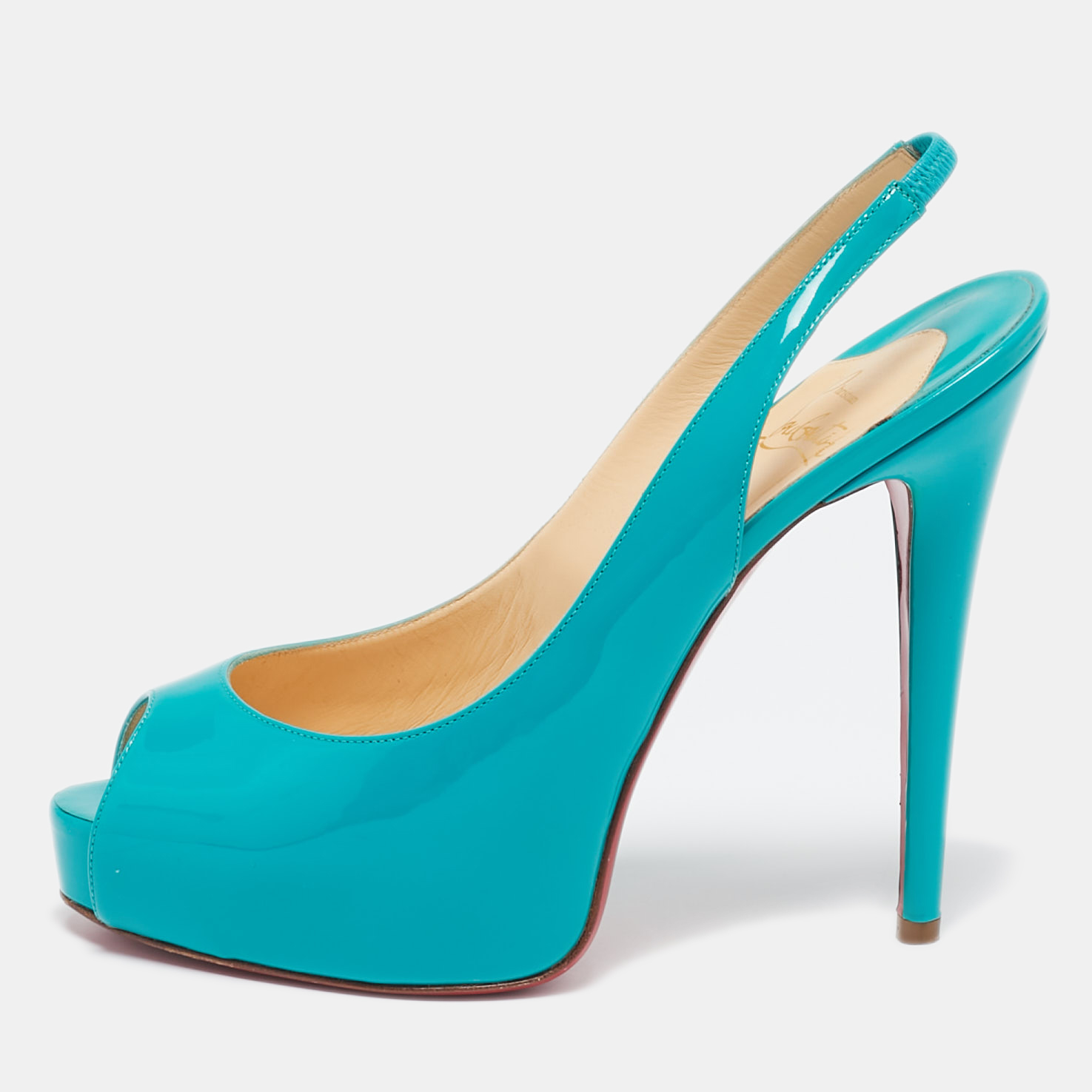 

Christian Louboutin Turquoise Blue Patent Leather Private Number Peep Toe Slingback Pumps Size