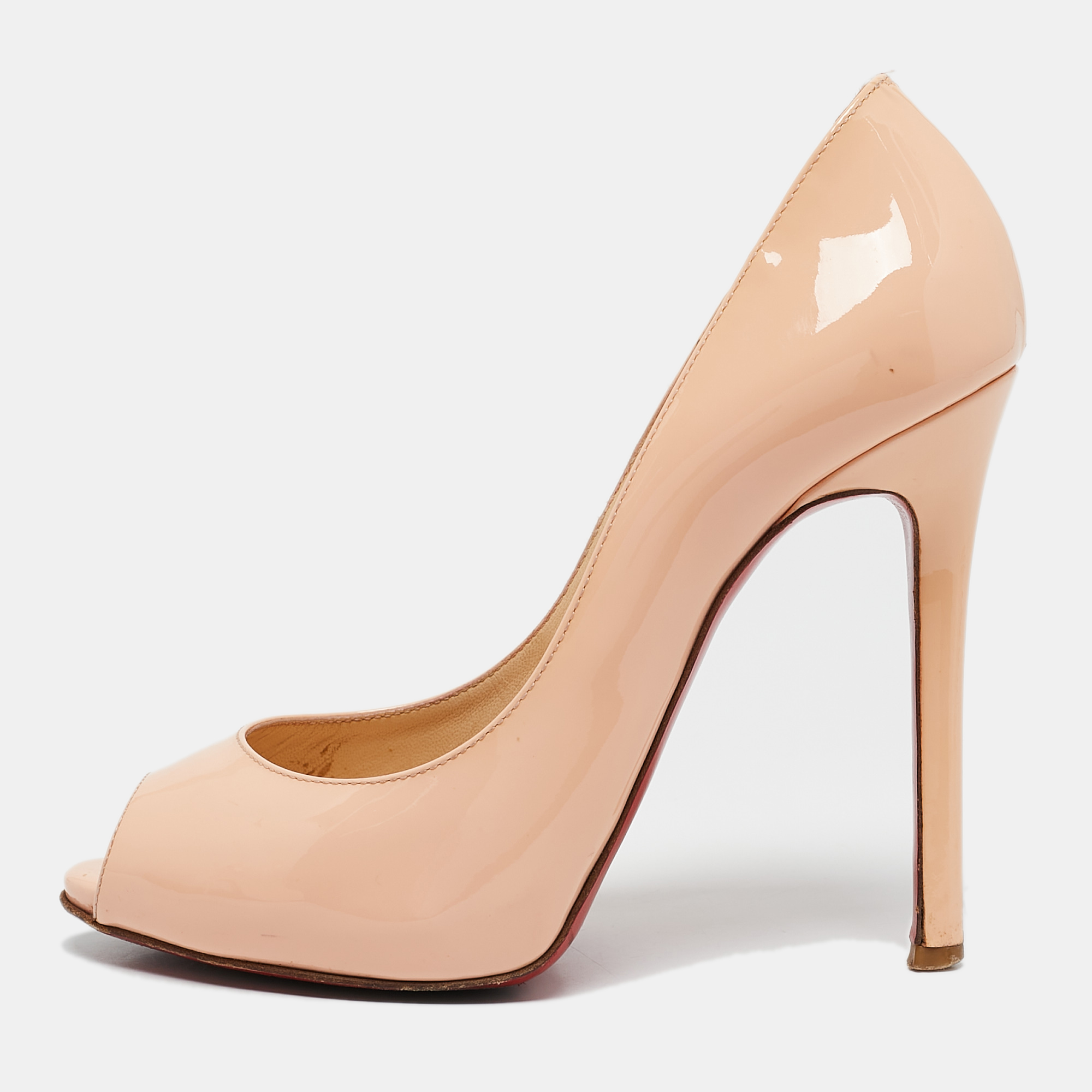 

Christian Louboutin Peach Pink Patent Leather Flo Peep Toe Pumps Size