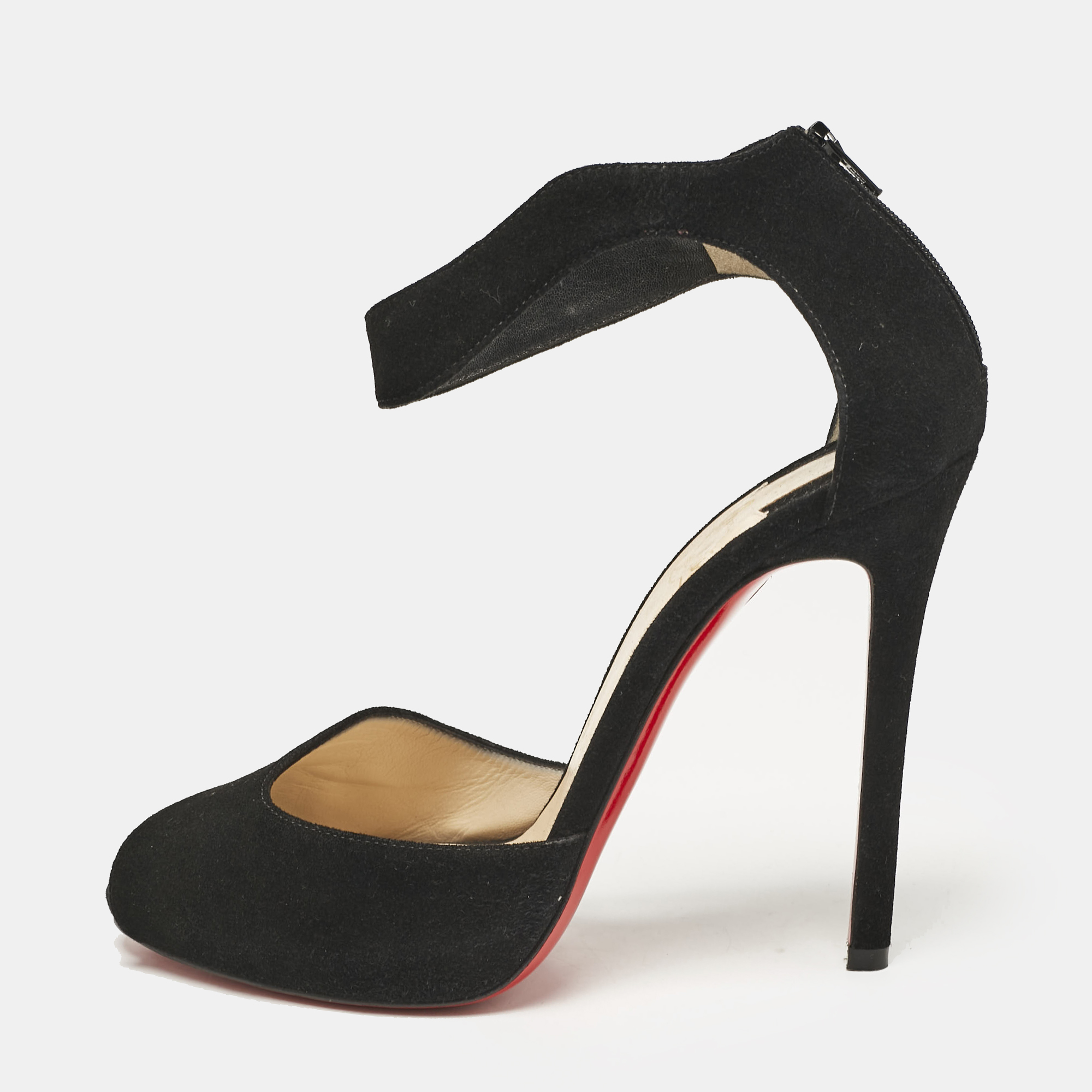 

Christian Louboutin Black Suede Ankle Strap Peep Toe Sandals Size