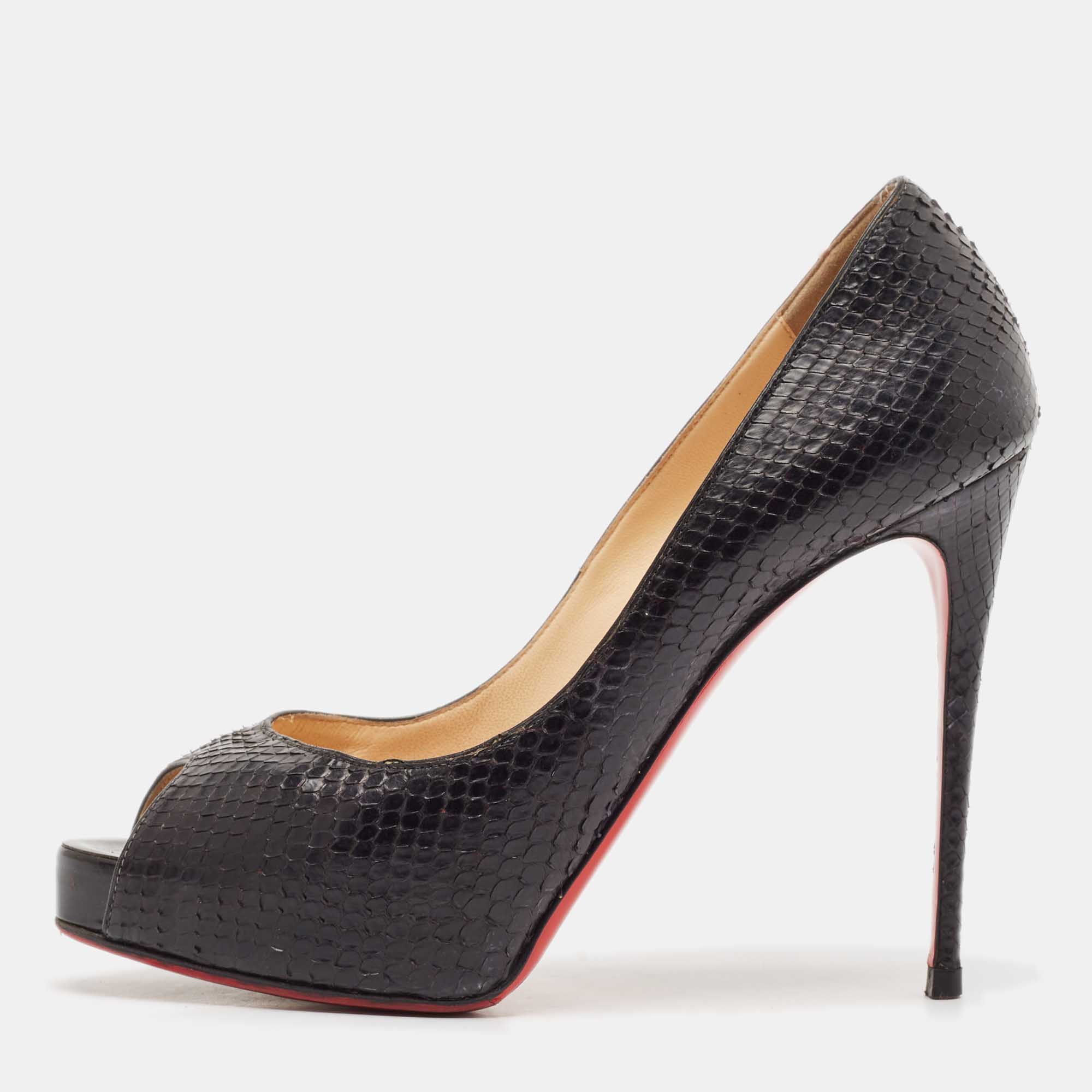 

Christian Louboutin Black Python Leather Very Prive Peep Toe Pumps Size