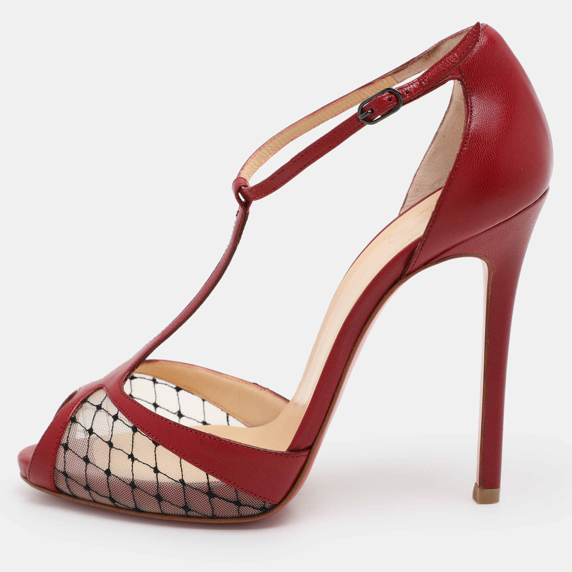 

Christian Louboutin Red Leather and Mesh Lagoula T-Strap Pumps Size