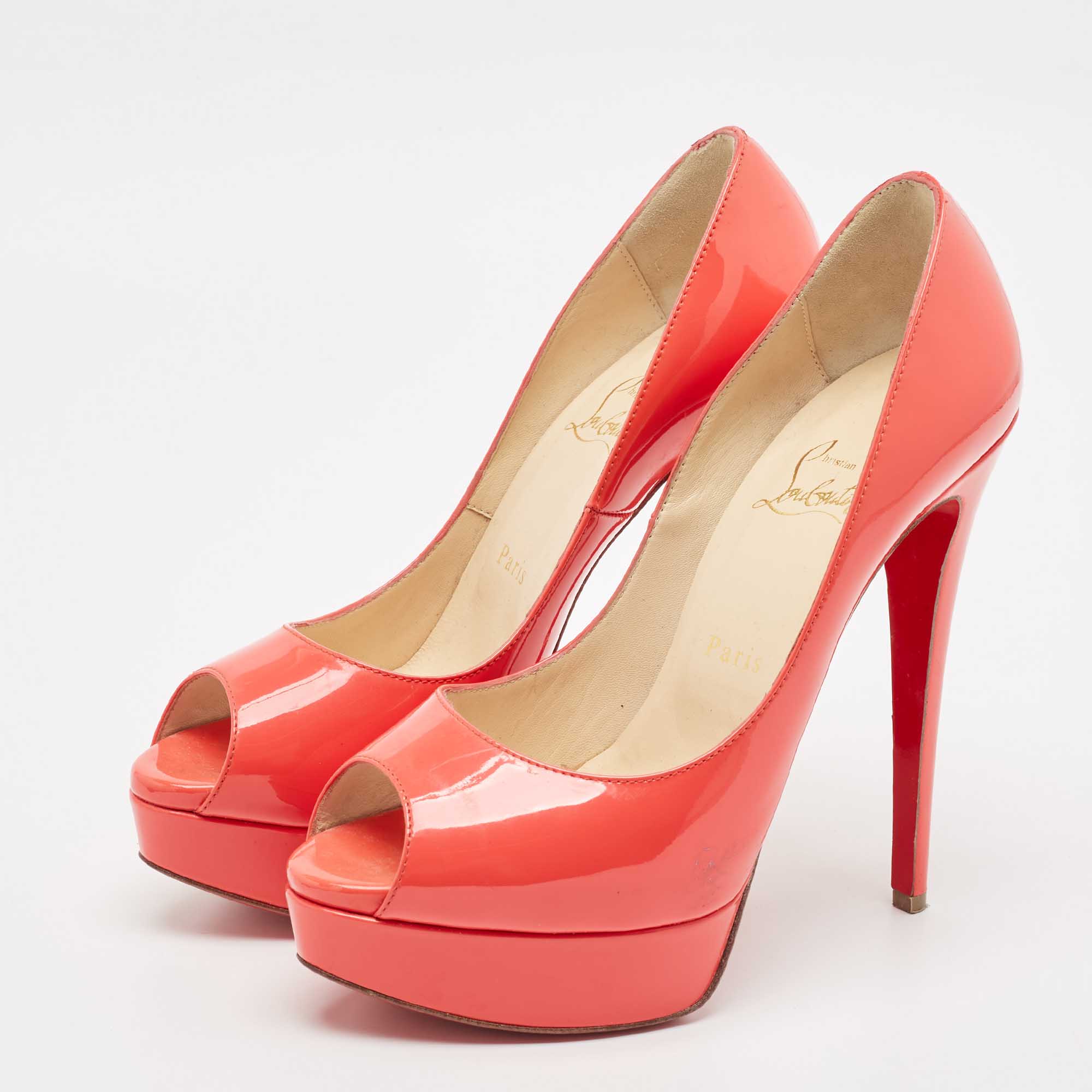 Christian Louboutin Pink Patent Leather Lady Peep Pumps Size 38.5 