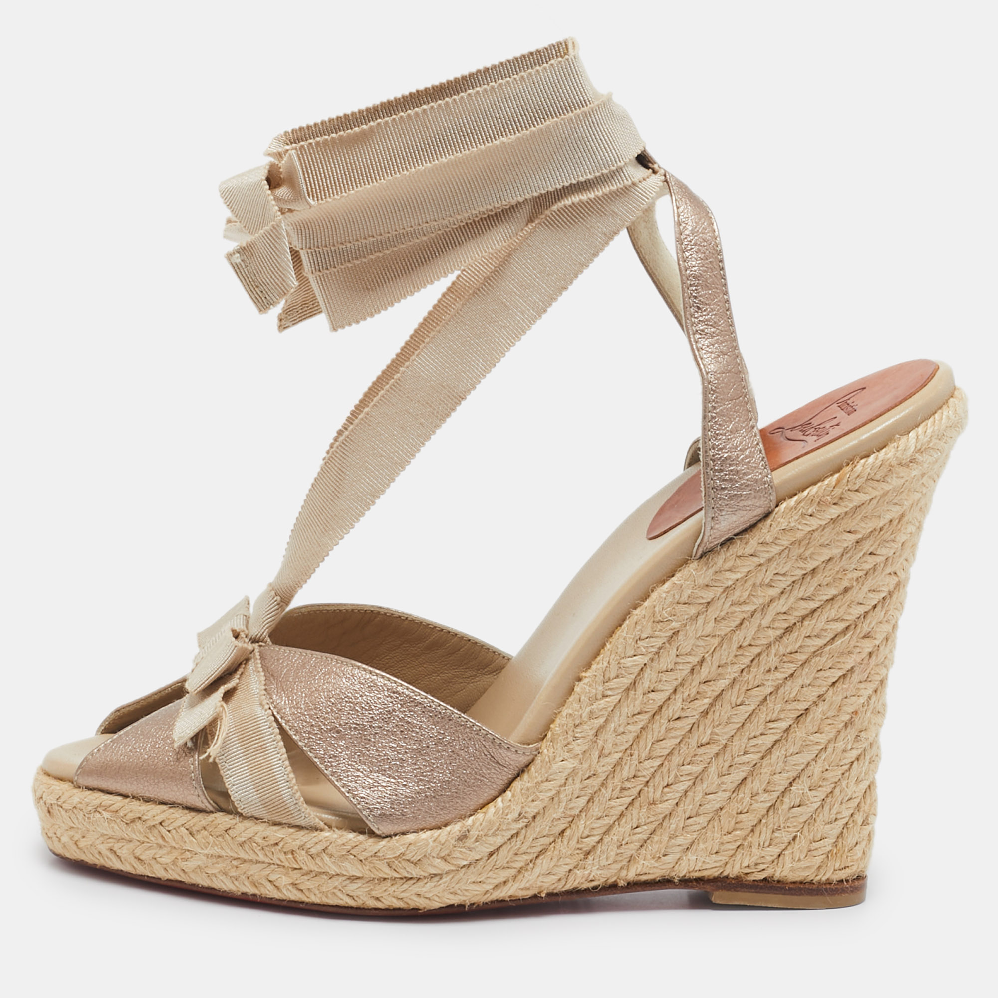 

Christian Louboutin Gold Fabric and Leather Delfin Espadrille Wedge Sandals Size