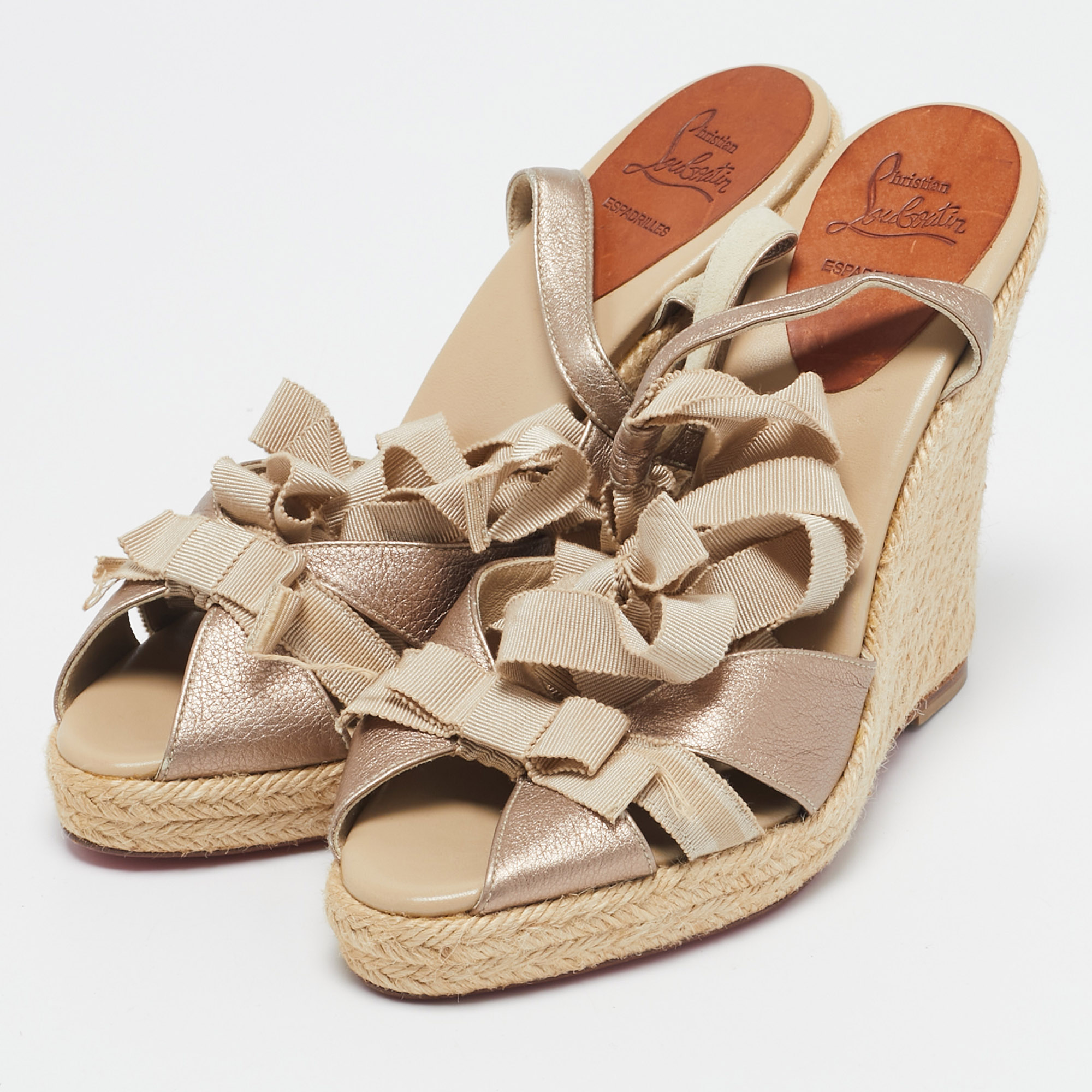 Christian Louboutin Gold Fabric and Leather Delfin Espadrille Wedge Sandals Size 39 