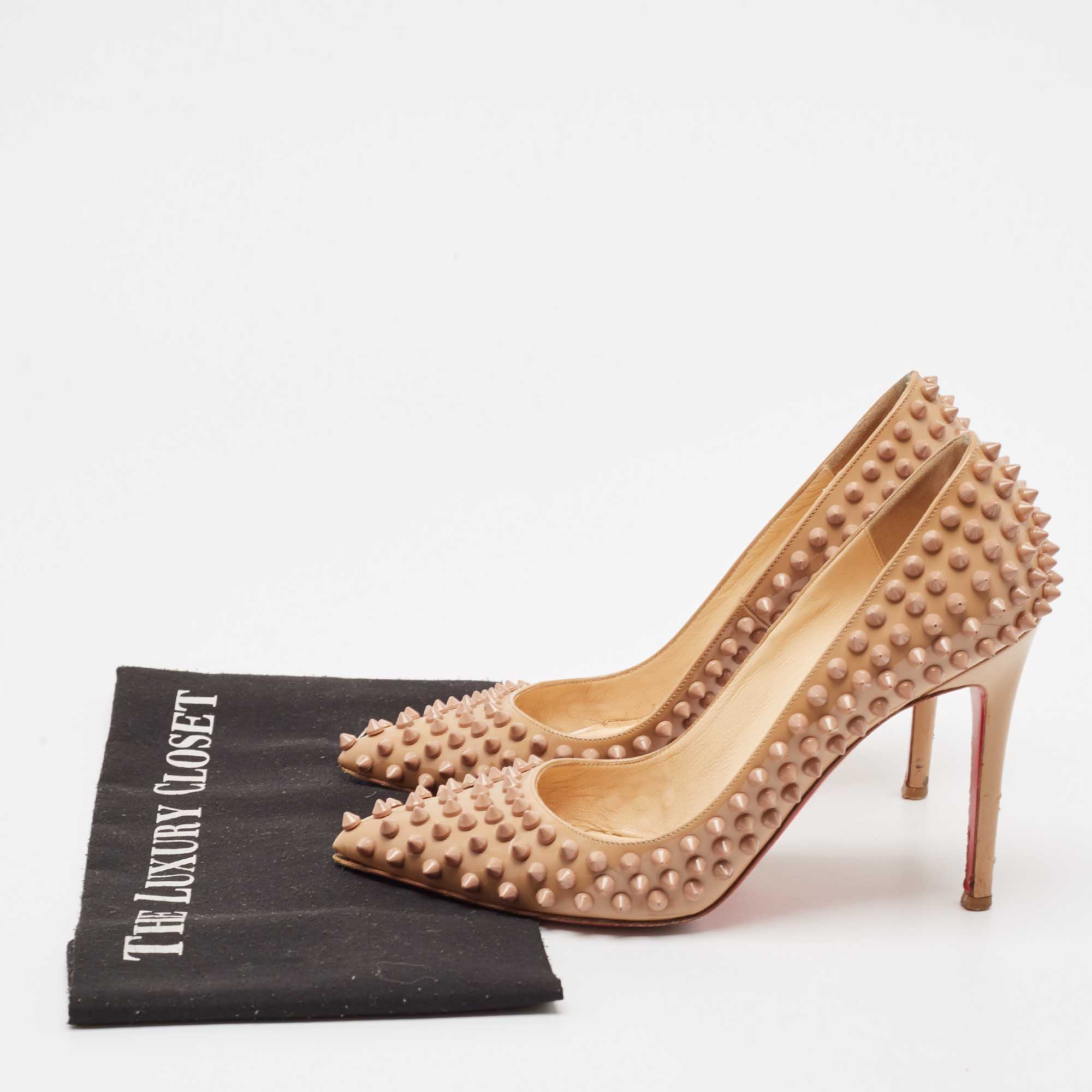 Christian Louboutin Beige Patent Leather Pigalle Spikes Pointed Toe Pumps Size 38 
