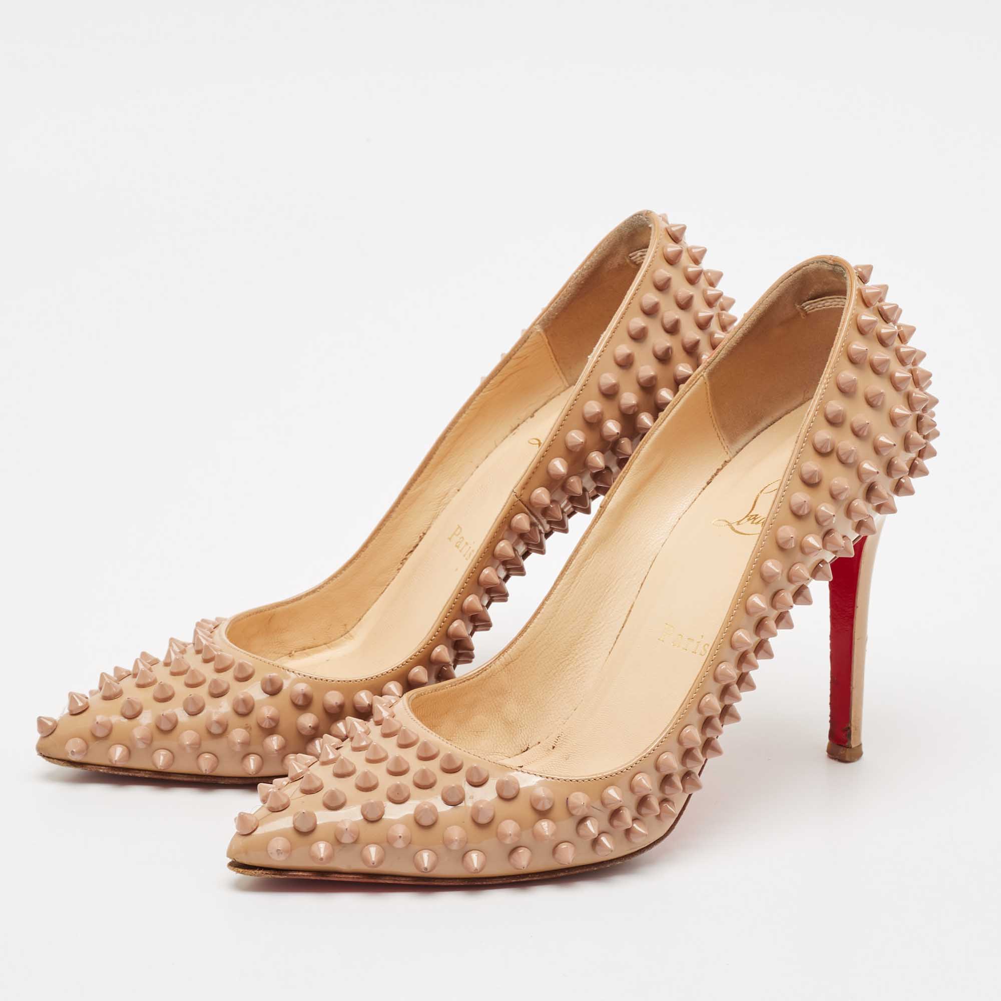 Christian Louboutin Beige Patent Leather Pigalle Spikes Pointed Toe Pumps Size 38 