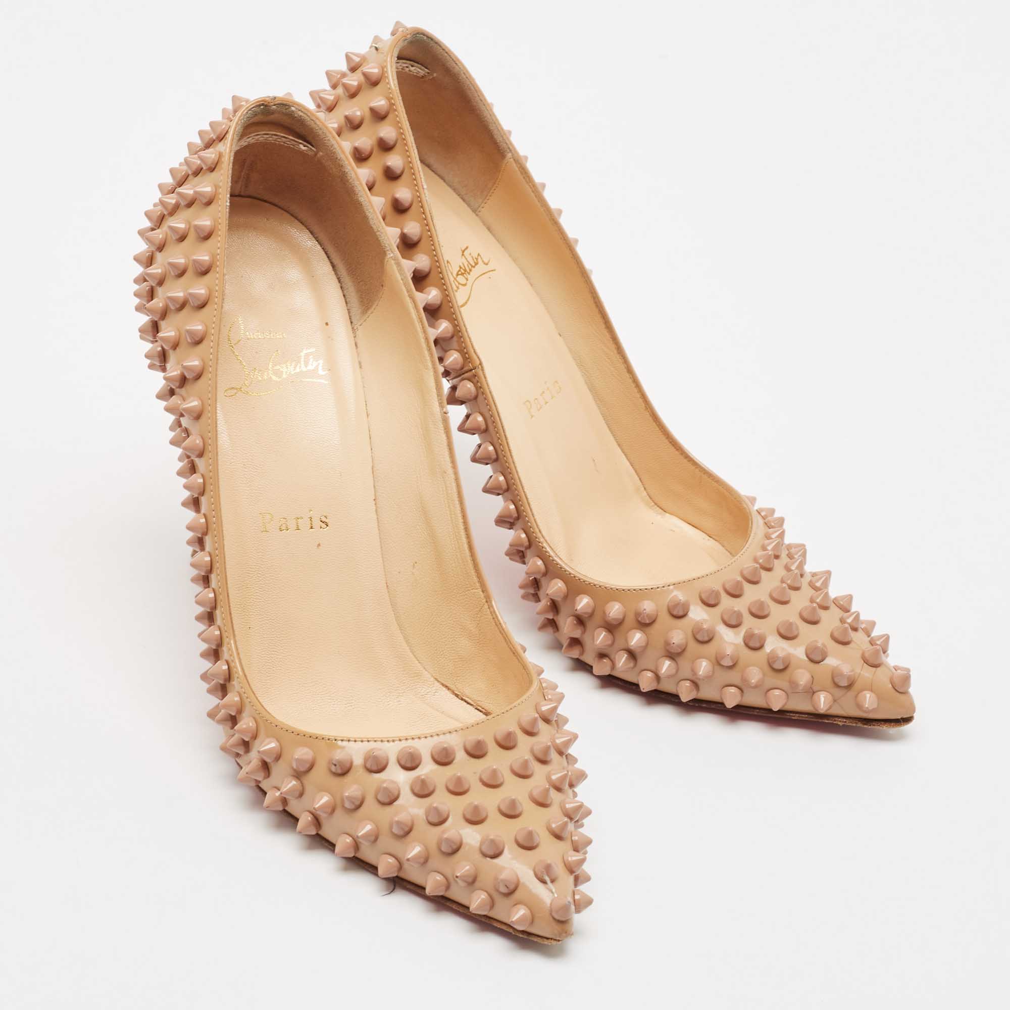 Christian Louboutin Beige Patent Leather Pigalle Spikes Pointed Toe Pumps Size 38 