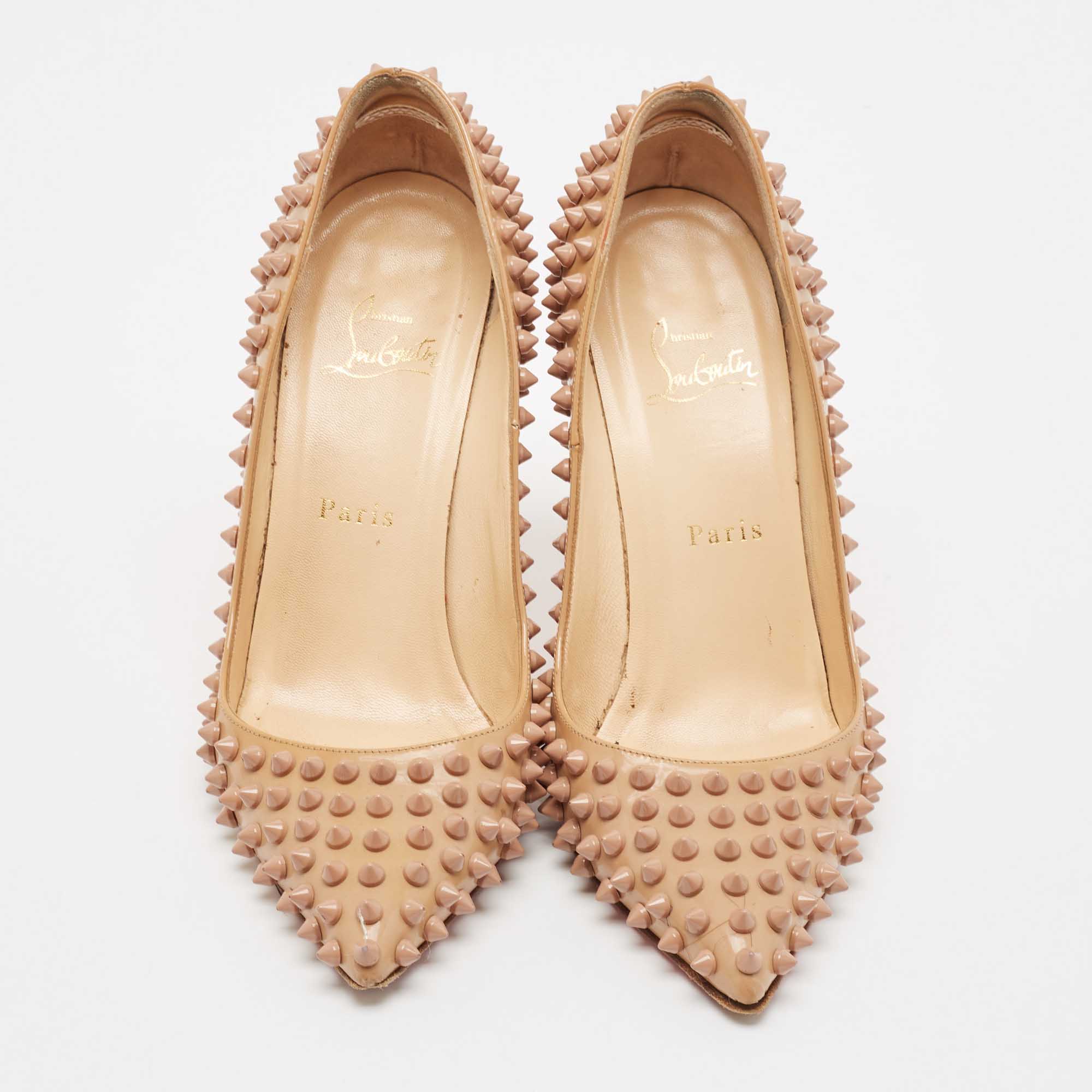 Christian Louboutin Beige Patent Leather Pigalle Spikes Pointed Toe Pumps Size 38 
