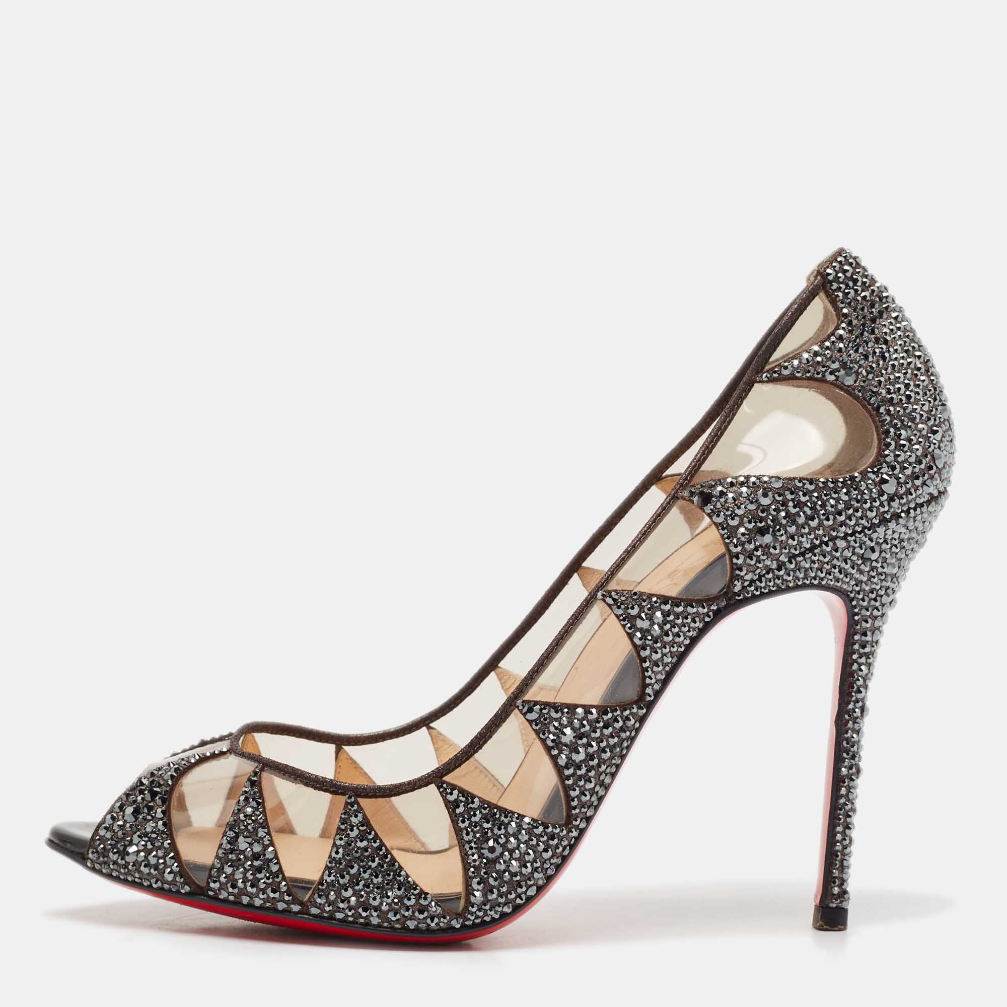 

Christian Louboutin Grey Suede and PVC Crystal Indera Pumps Size