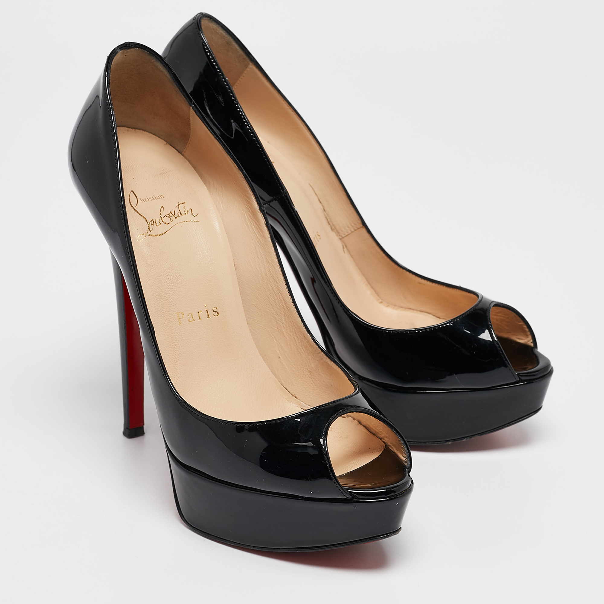 Christian Louboutin Black Patent Leather Lady Peep Pumps Size 37.5 