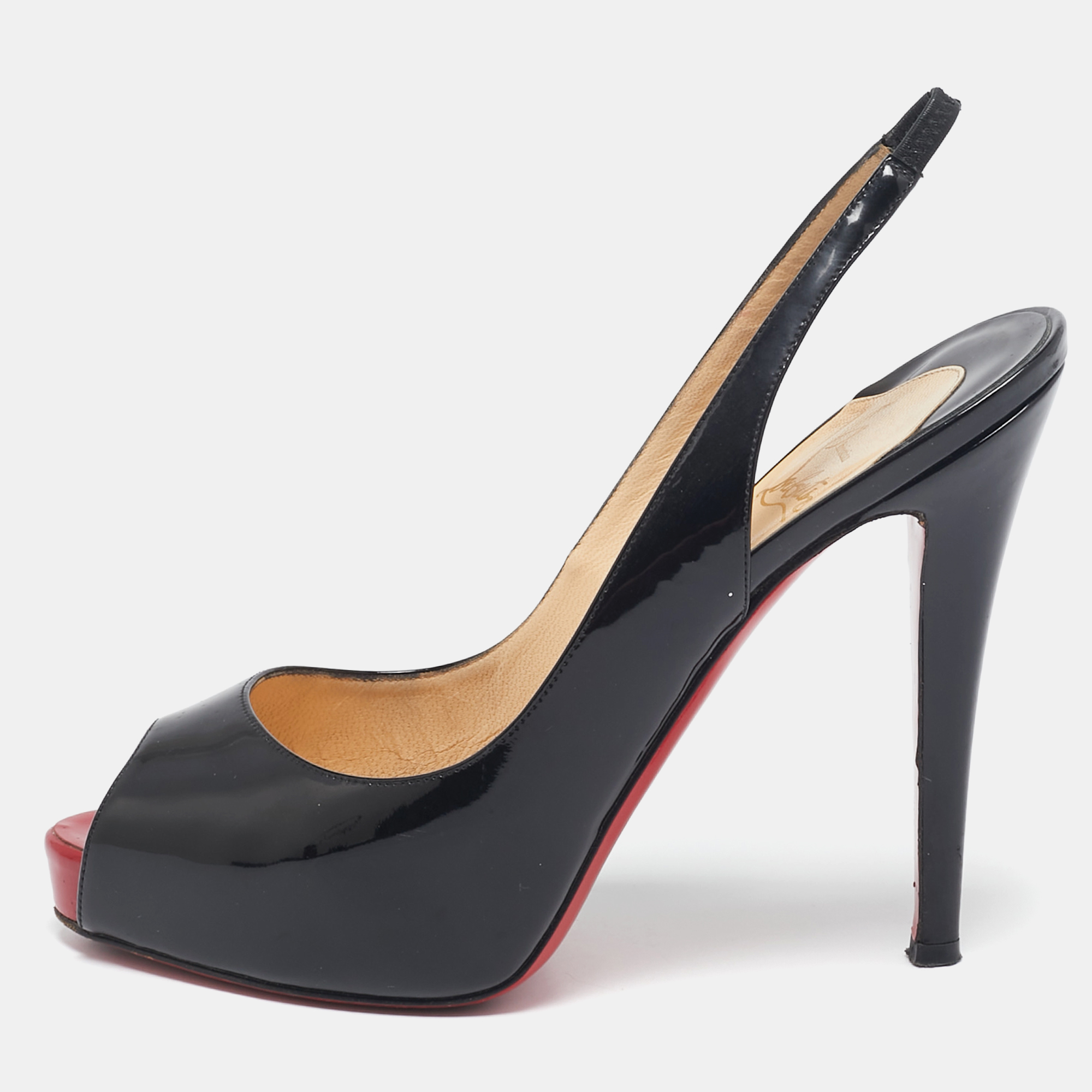 

Christian Louboutin Black Patent Private Number Peep Toe Pumps Size