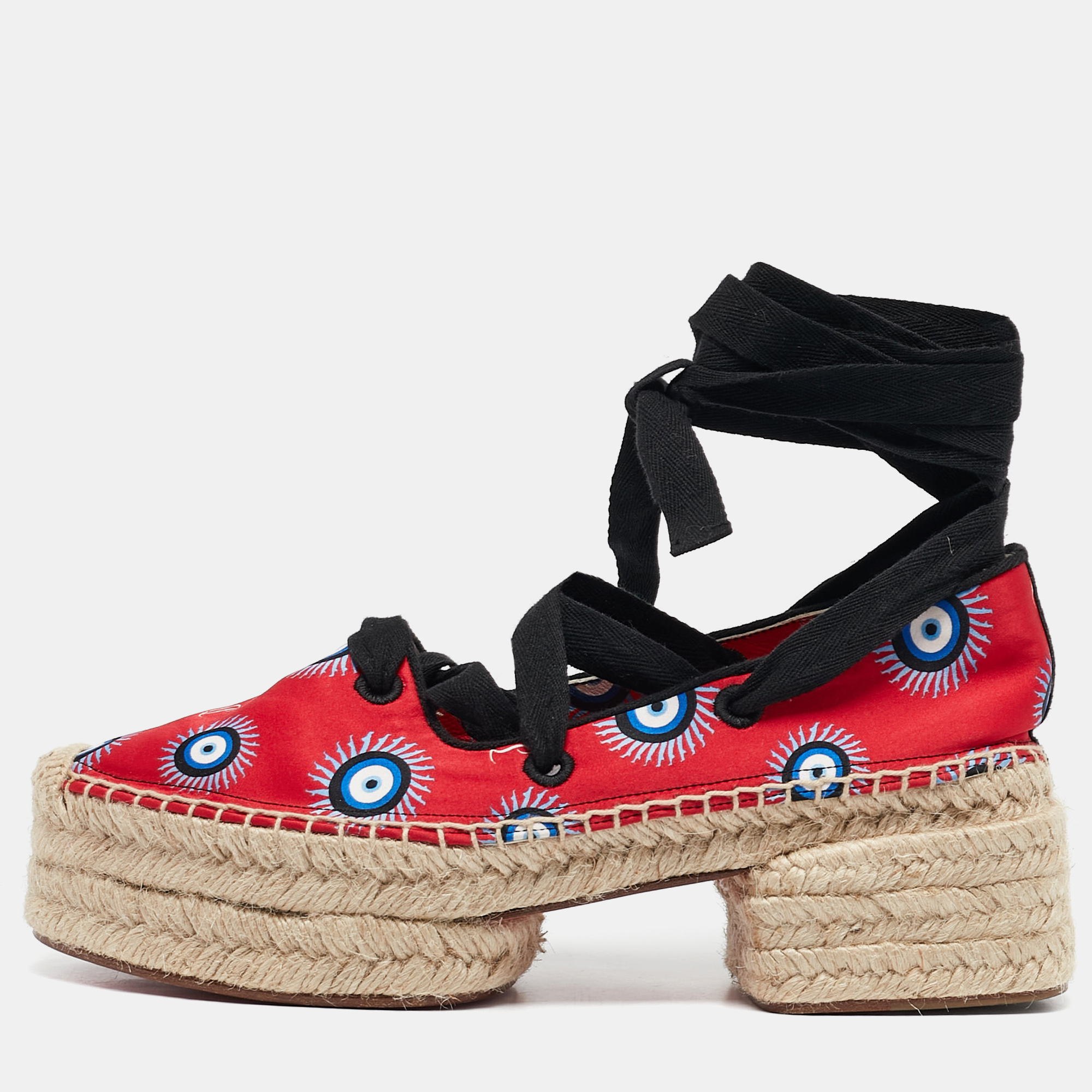 

Christian Louboutin Red Fabric Evil Eye Print Platform Espadrille Sandals Size