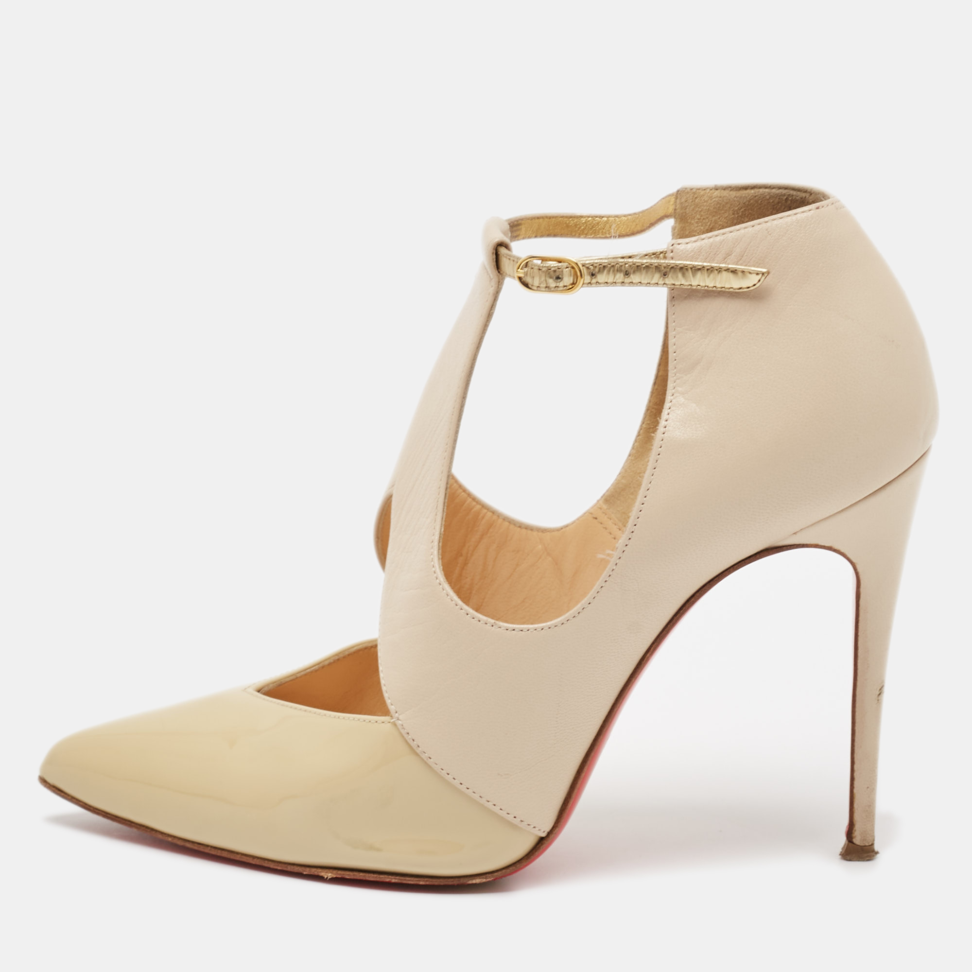 

Christian Louboutin Beige/Nude Leather and Patent Leather Dictata Pumps Size