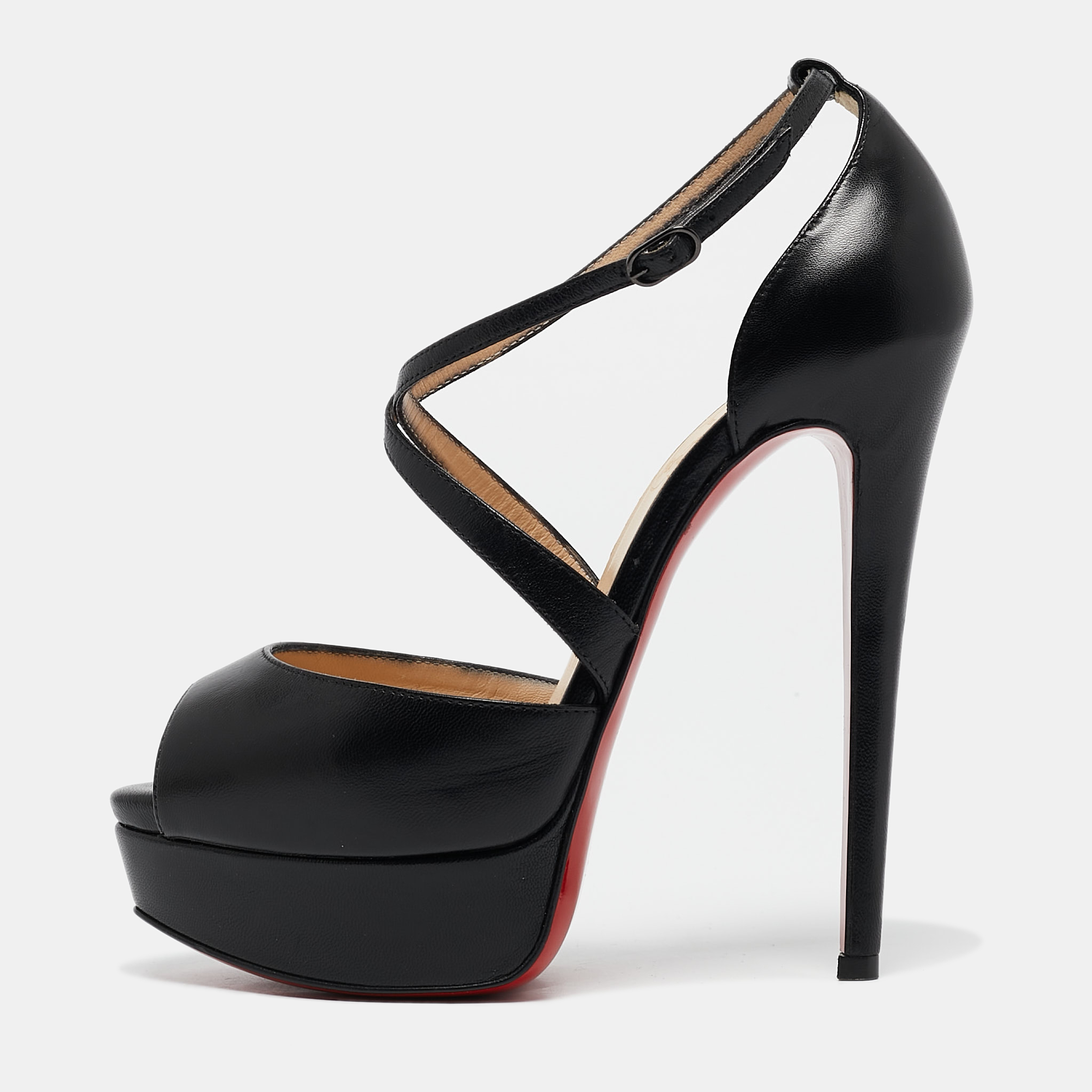 

Christian Louboutin Black Leather Cross Me Platform Peep Toe Pumps Size