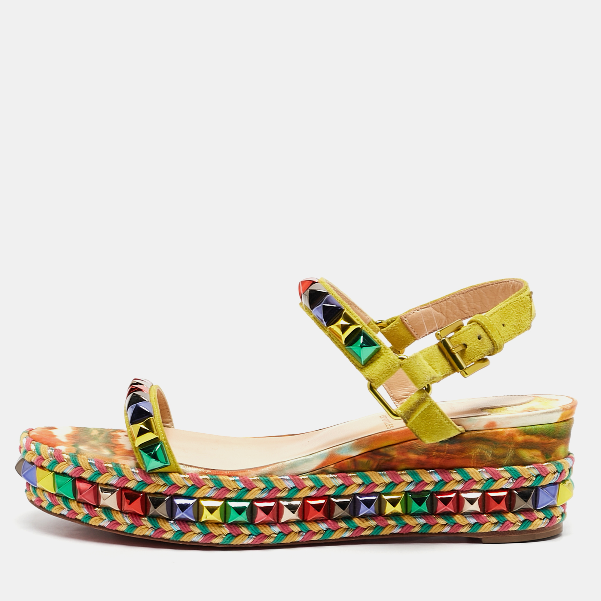 

Christian Louboutin Multicolor Suede Pyraclou Ankle Strap Sandals Size