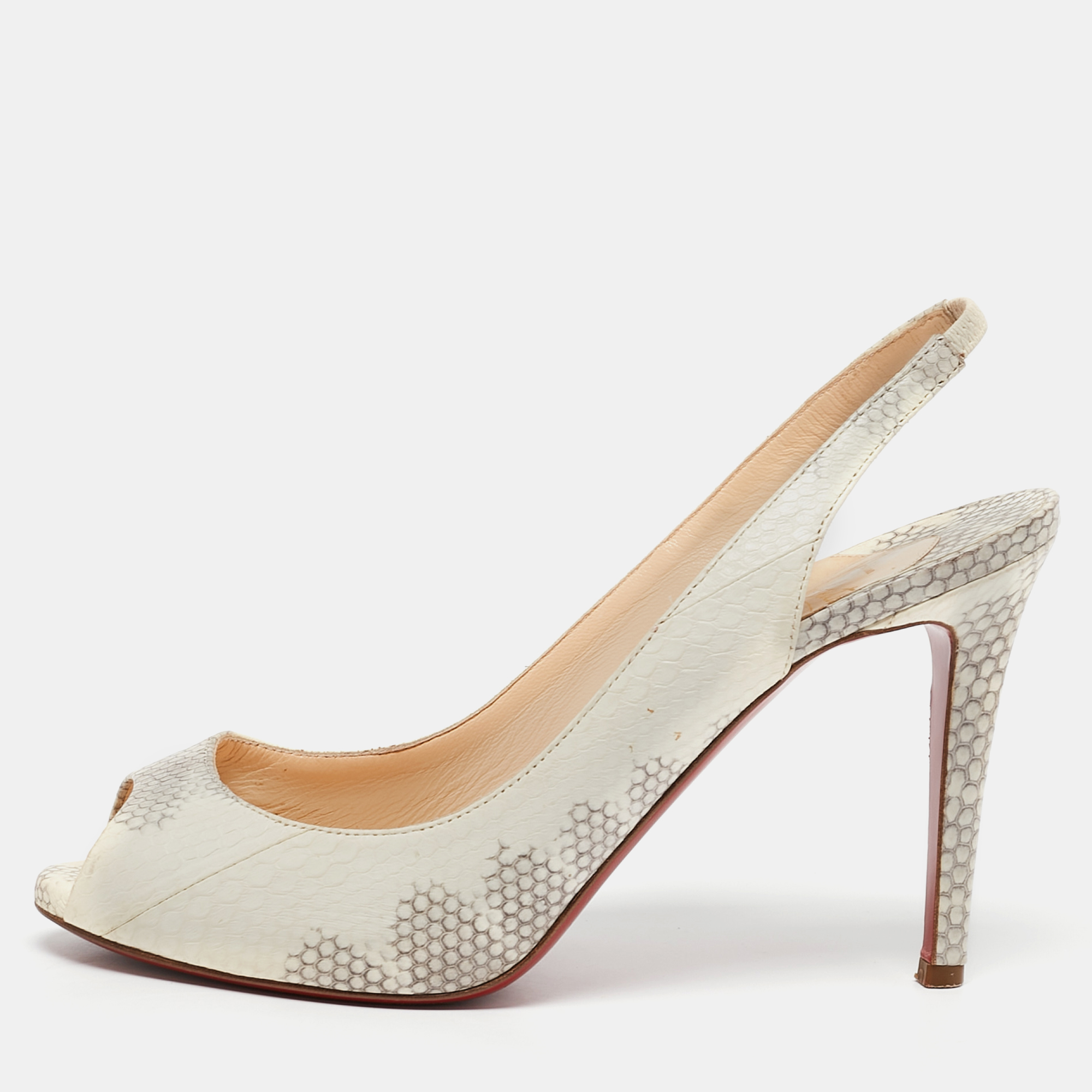 

Christian Louboutin Cream/Grey Python Embossed Leather Peep Toe Slingback Sandals Size