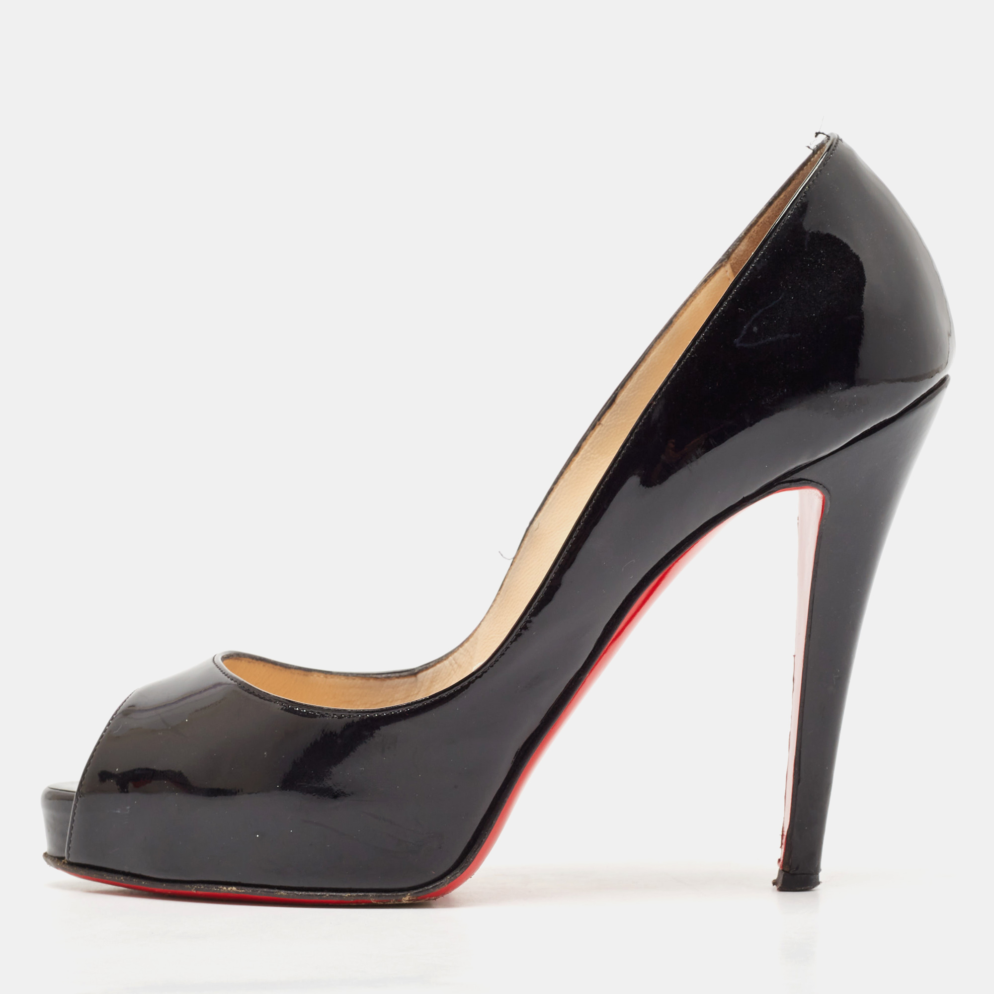 

Christian Louboutin Black Patent Leather Very Prive Peep Toe Pumps Size