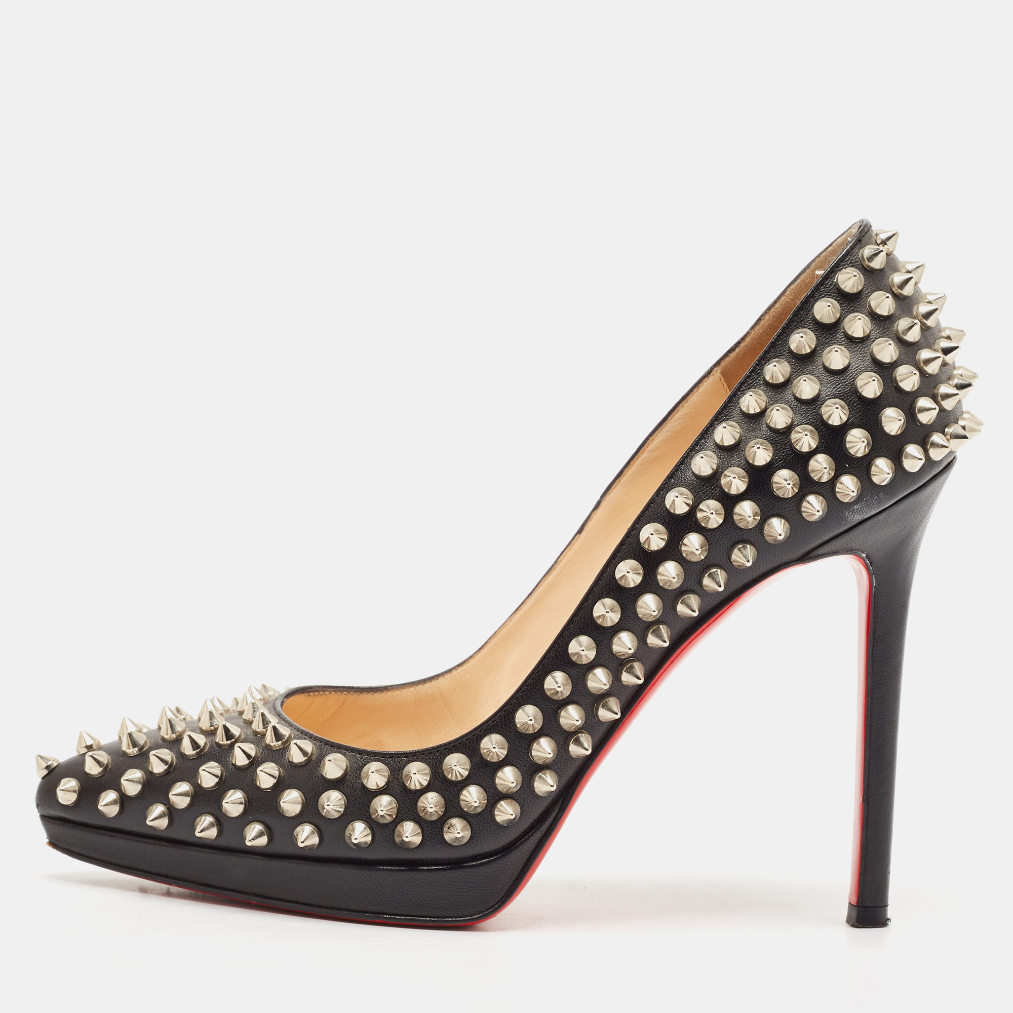 

Christian Louboutin Black Leather Pigalle Plato Spike Pointed Toe Pumps Size