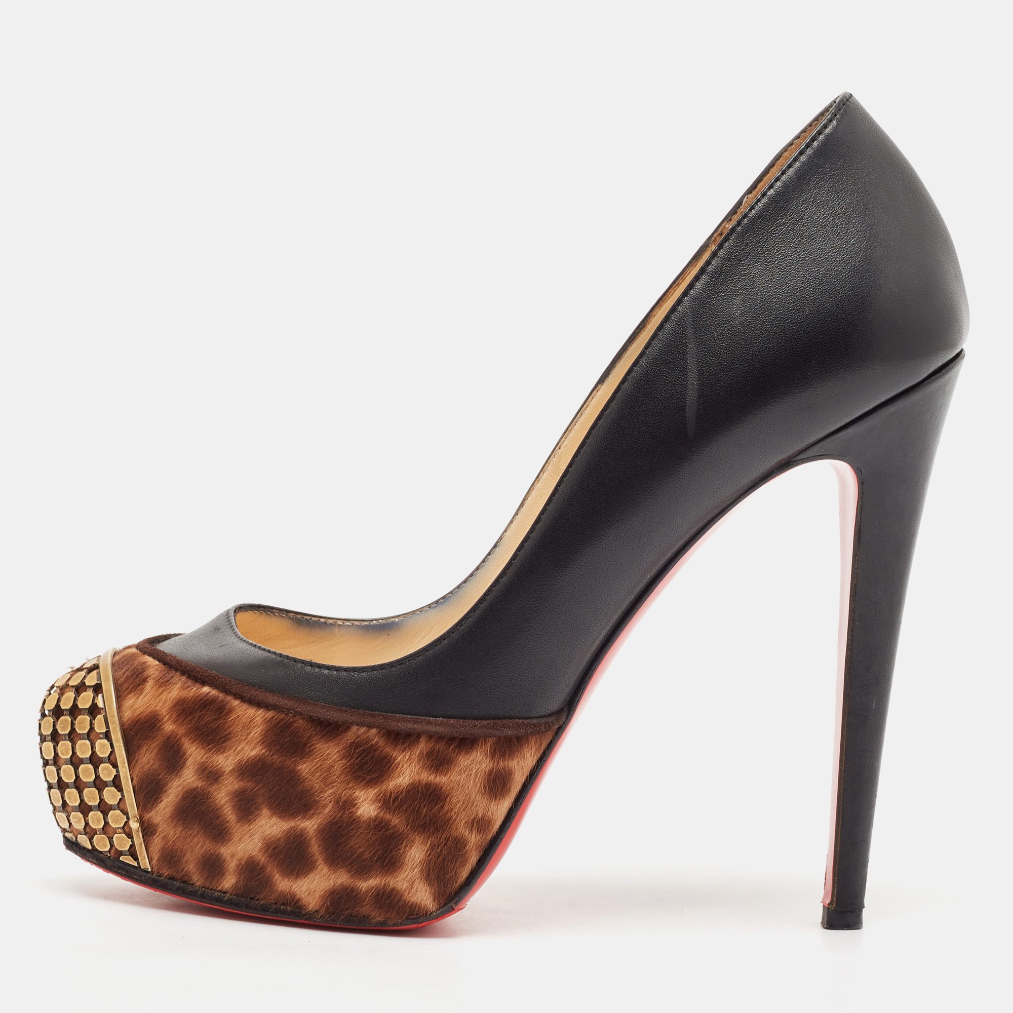 

Christian Louboutin Black/Brown Leopard Print Calf Hair and Leather Maggie Platform Pumps Size