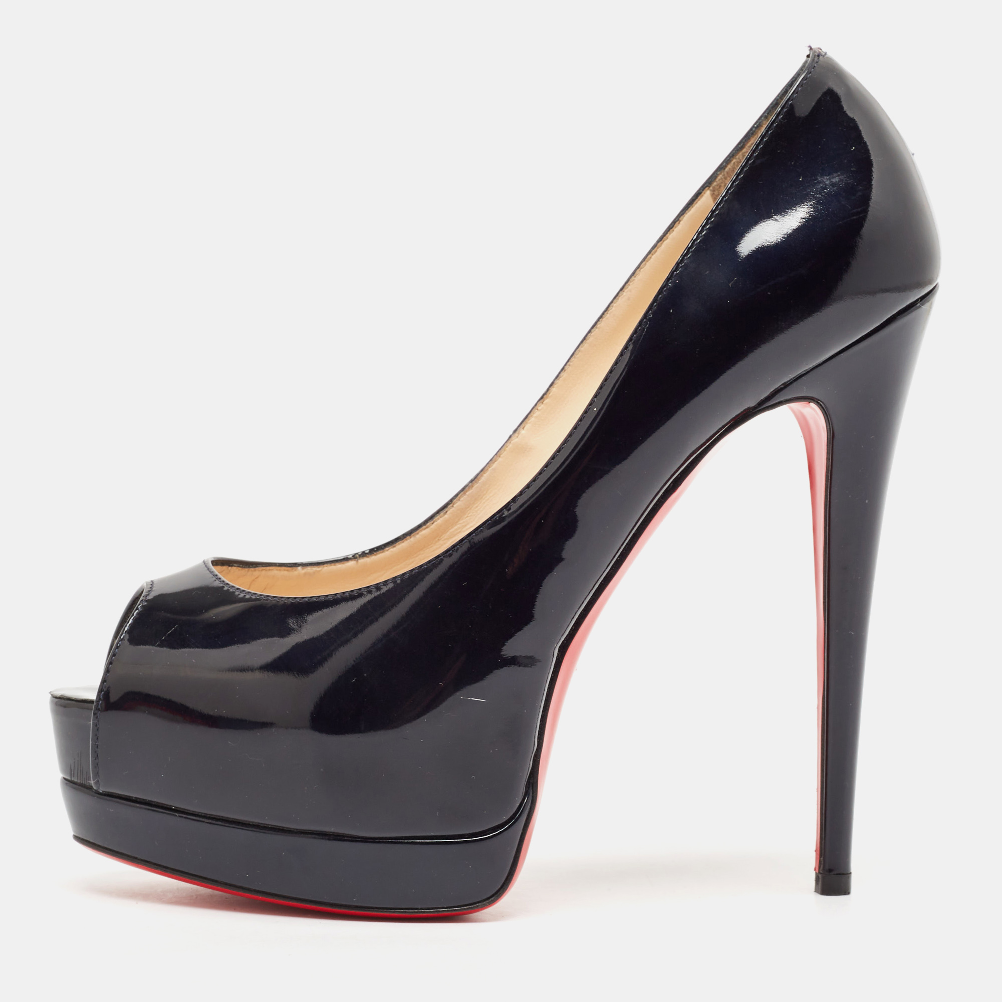 

Christian Louboutin Black Patent Leather Palais Royal Peep Toe Platform Pumps Size