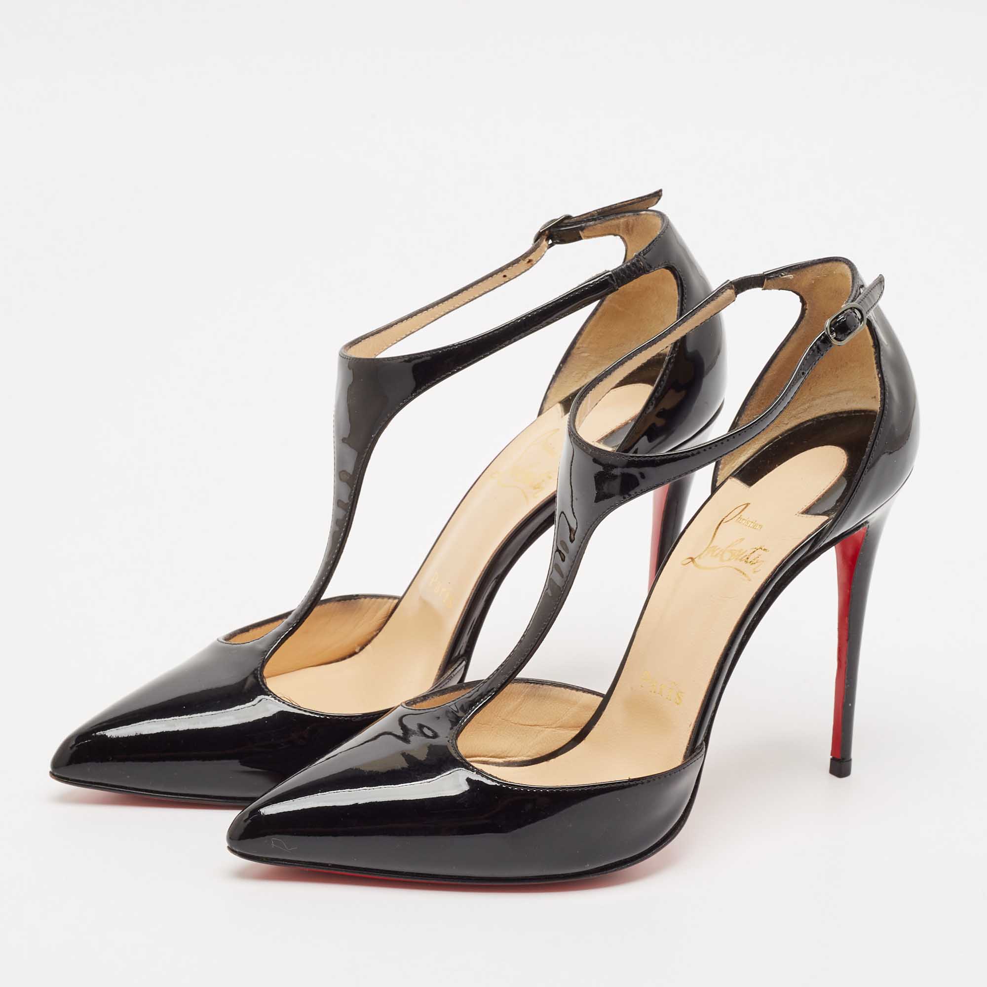 Christian Louboutin Black Patent Leather J String T-Strap Pumps Size 38.5 