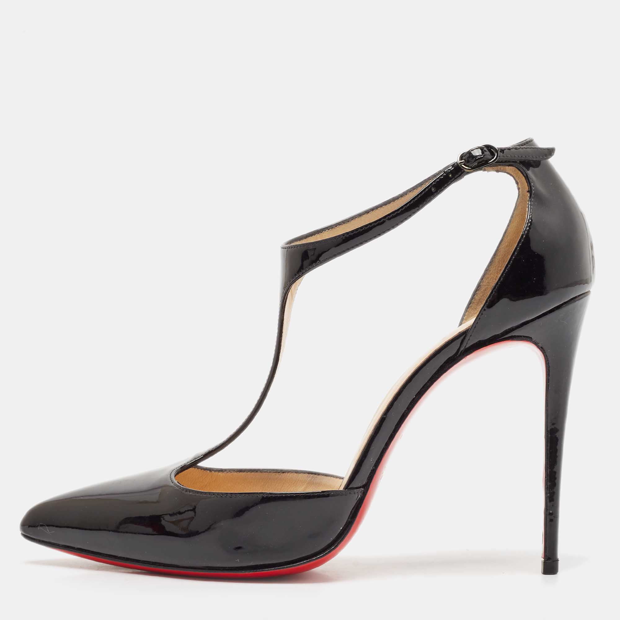 

Christian Louboutin Black Patent Leather J String T-Strap Pumps Size