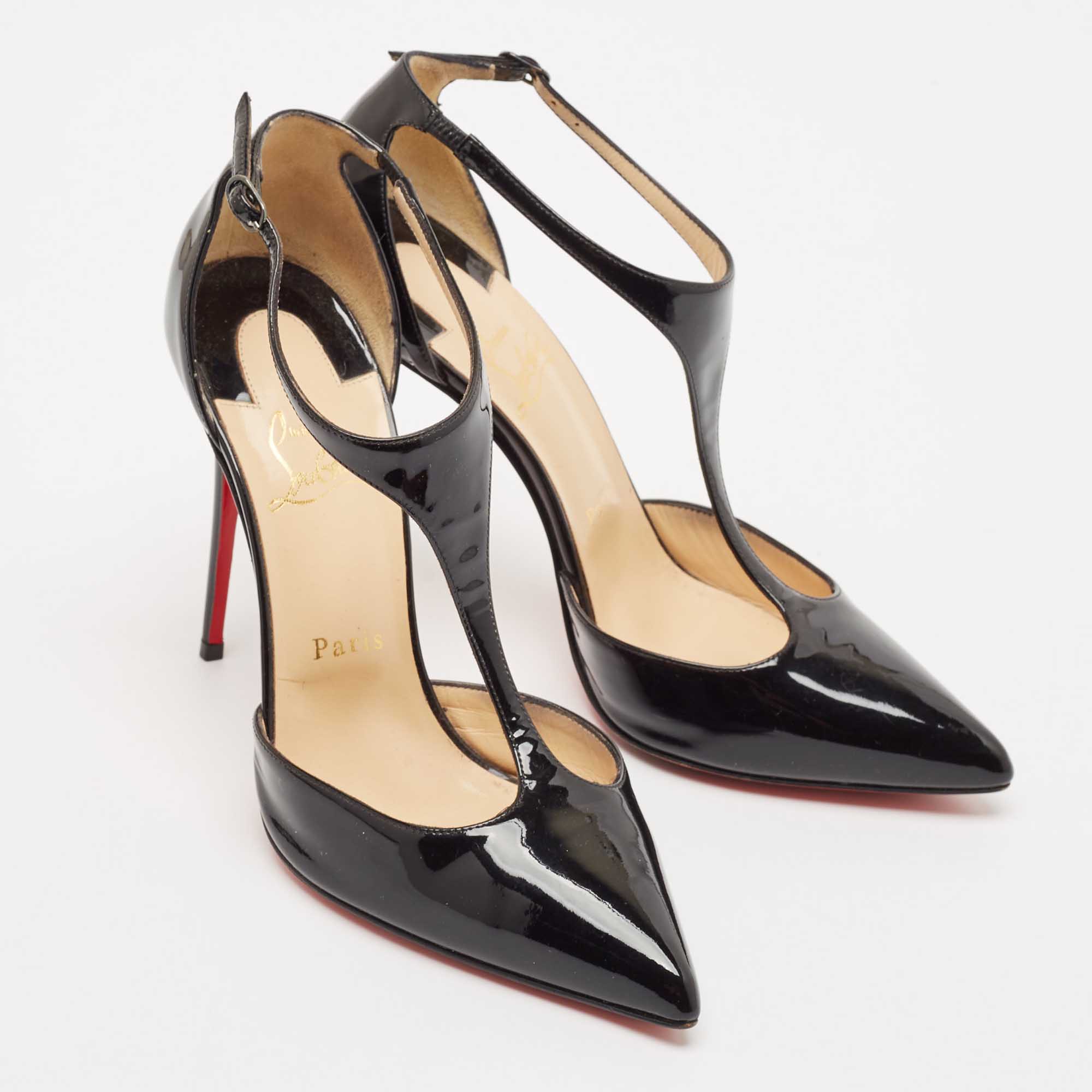 Christian Louboutin Black Patent Leather J String T-Strap Pumps Size 38.5 
