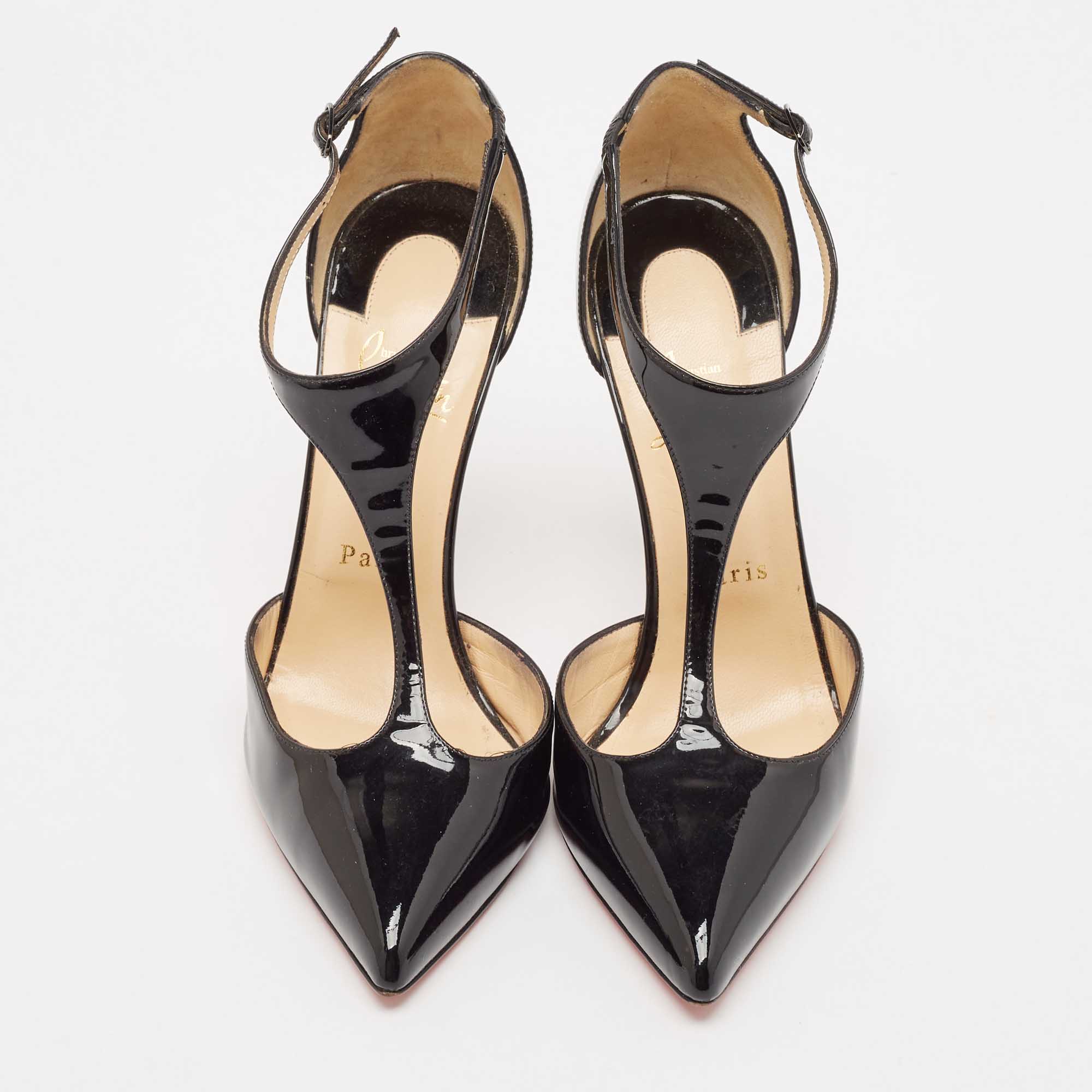 Christian Louboutin Black Patent Leather J String T-Strap Pumps Size 38.5 