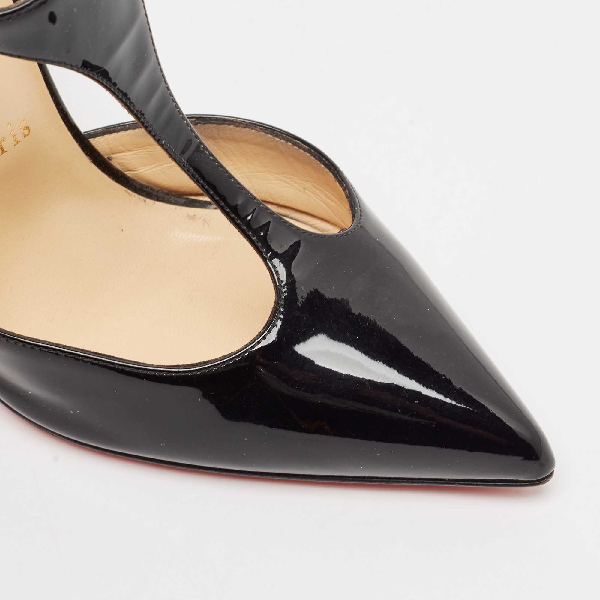 Christian Louboutin Black Patent Leather J String T-Strap Pumps Size 38.5 