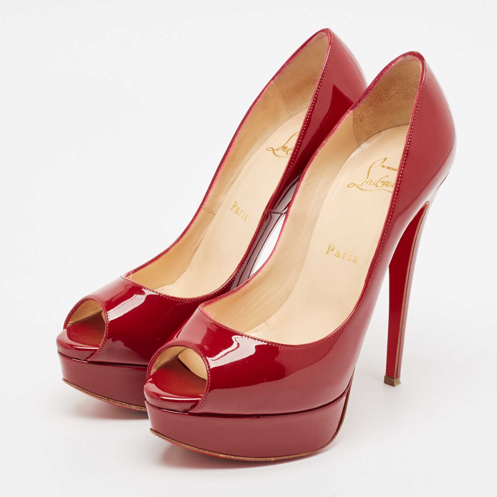 Christian Louboutin Burgundy Patent Leather Very Prive Peep Toe Pumps Size 37.5 