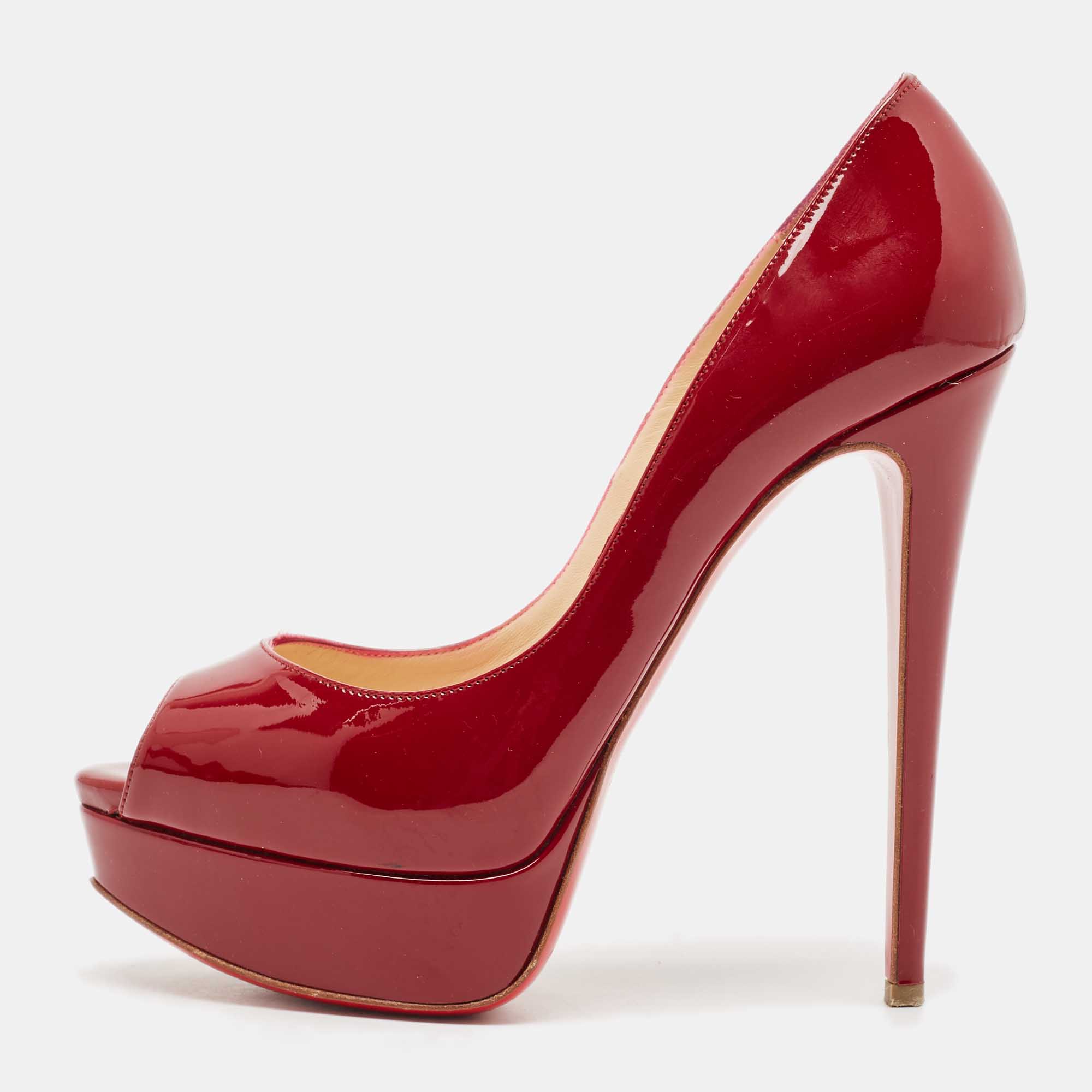 

Christian Louboutin Burgundy Patent Leather Very Prive Peep Toe Pumps Size