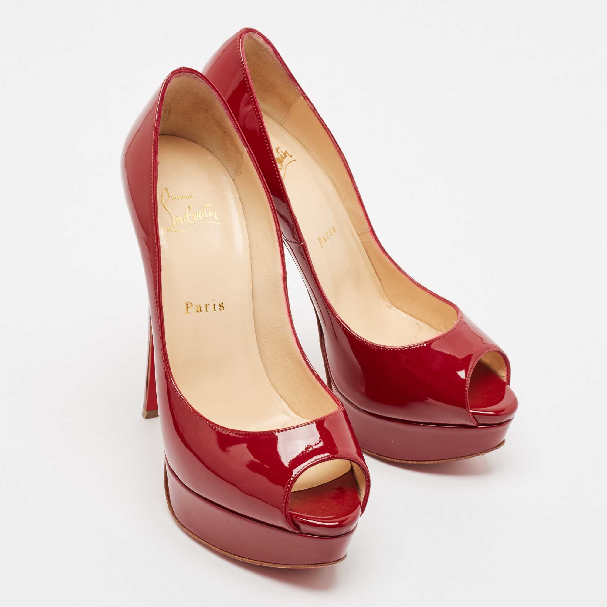 Christian Louboutin Burgundy Patent Leather Very Prive Peep Toe Pumps Size 37.5 