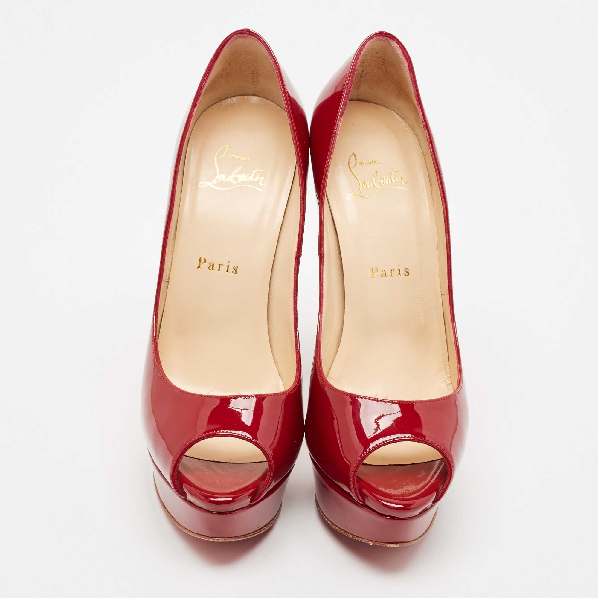 Christian Louboutin Burgundy Patent Leather Very Prive Peep Toe Pumps Size 37.5 