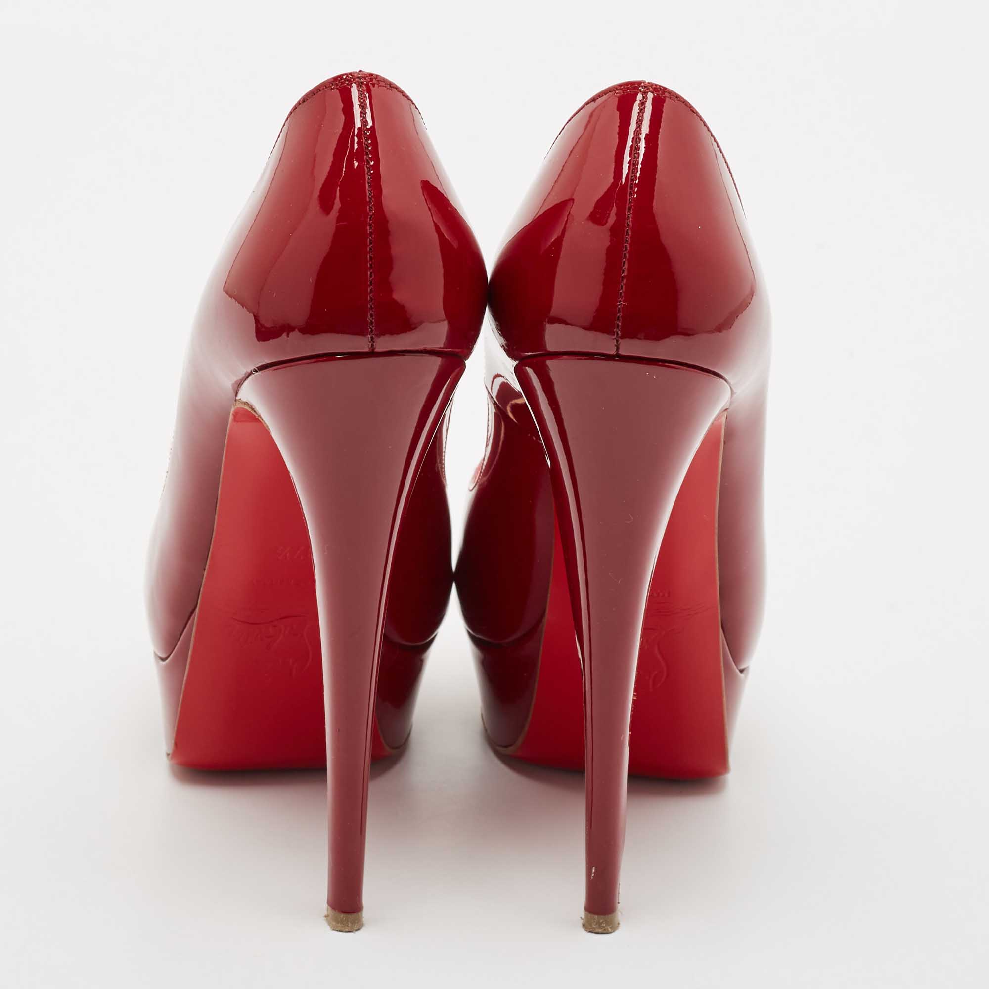 Christian Louboutin Burgundy Patent Leather Very Prive Peep Toe Pumps Size 37.5 