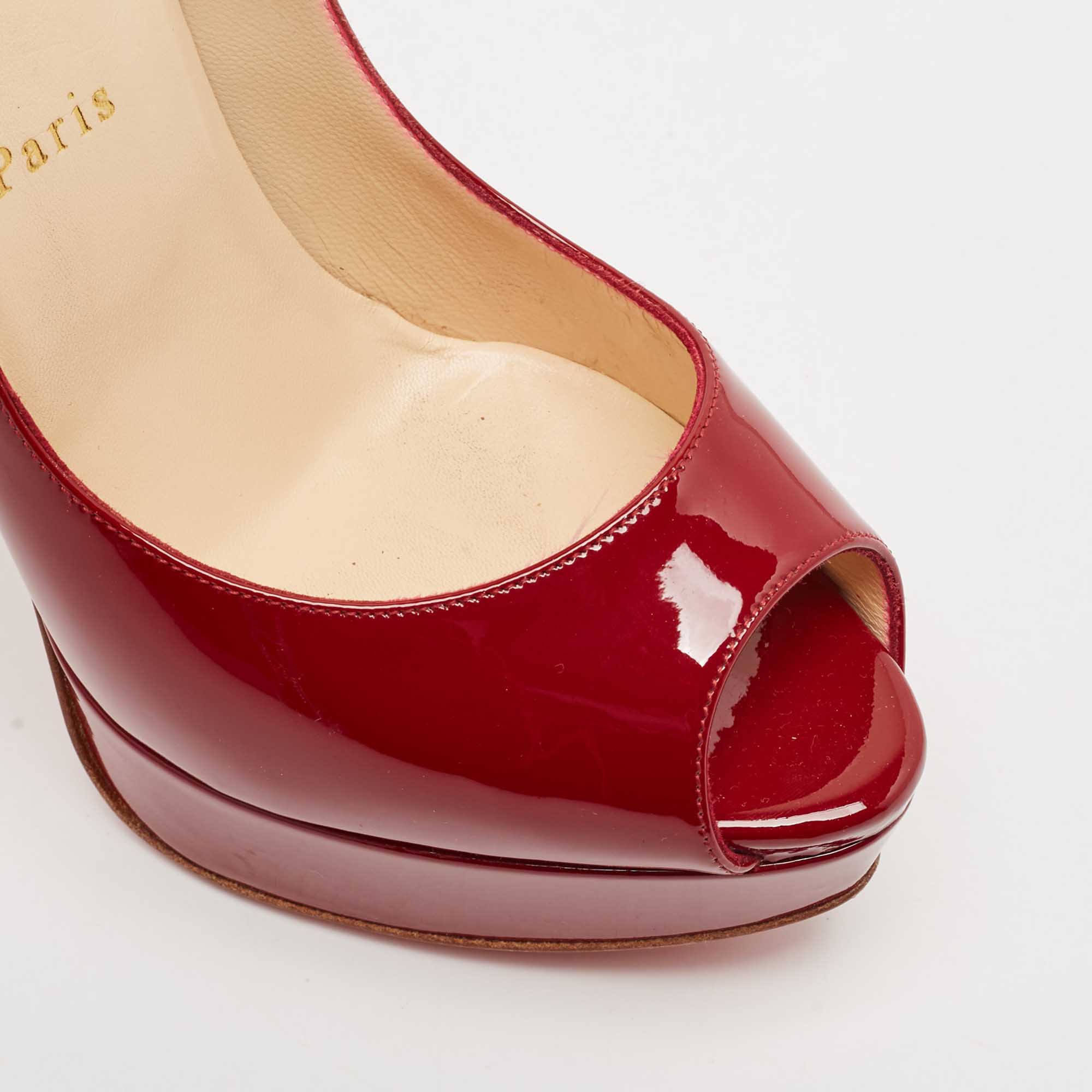 Christian Louboutin Burgundy Patent Leather Very Prive Peep Toe Pumps Size 37.5 
