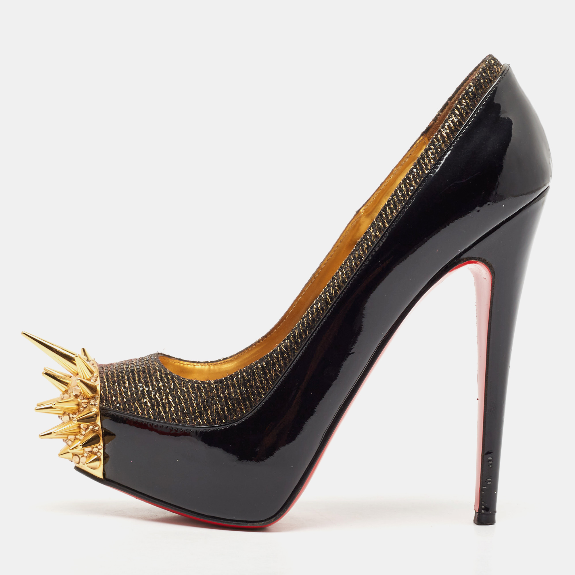 

Christian Louboutin Black/Gold Patent Leather and Lurex Fabric Asteroid Spike Pumps Size