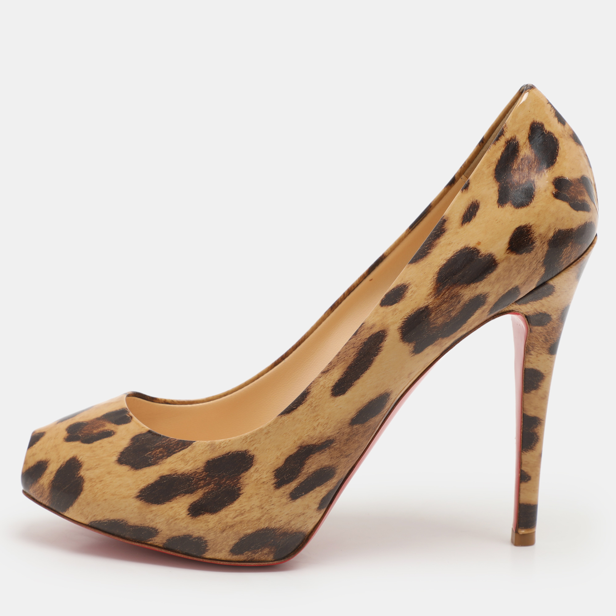 

Christian Louboutin Beige Leopard Print Patent Leather Ron Ron Peep Toe Pumps Size 39.5