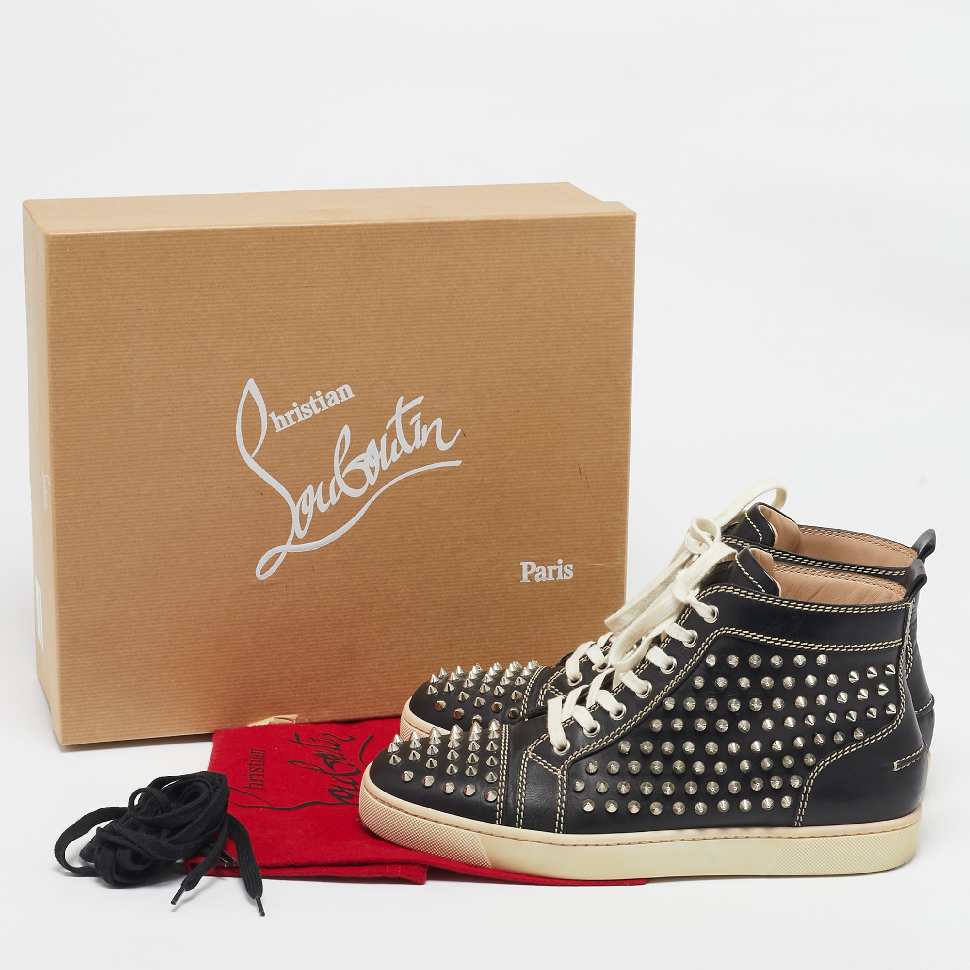 Christian Louboutin Black Leather Louis Spikes Sneakers Size 42 