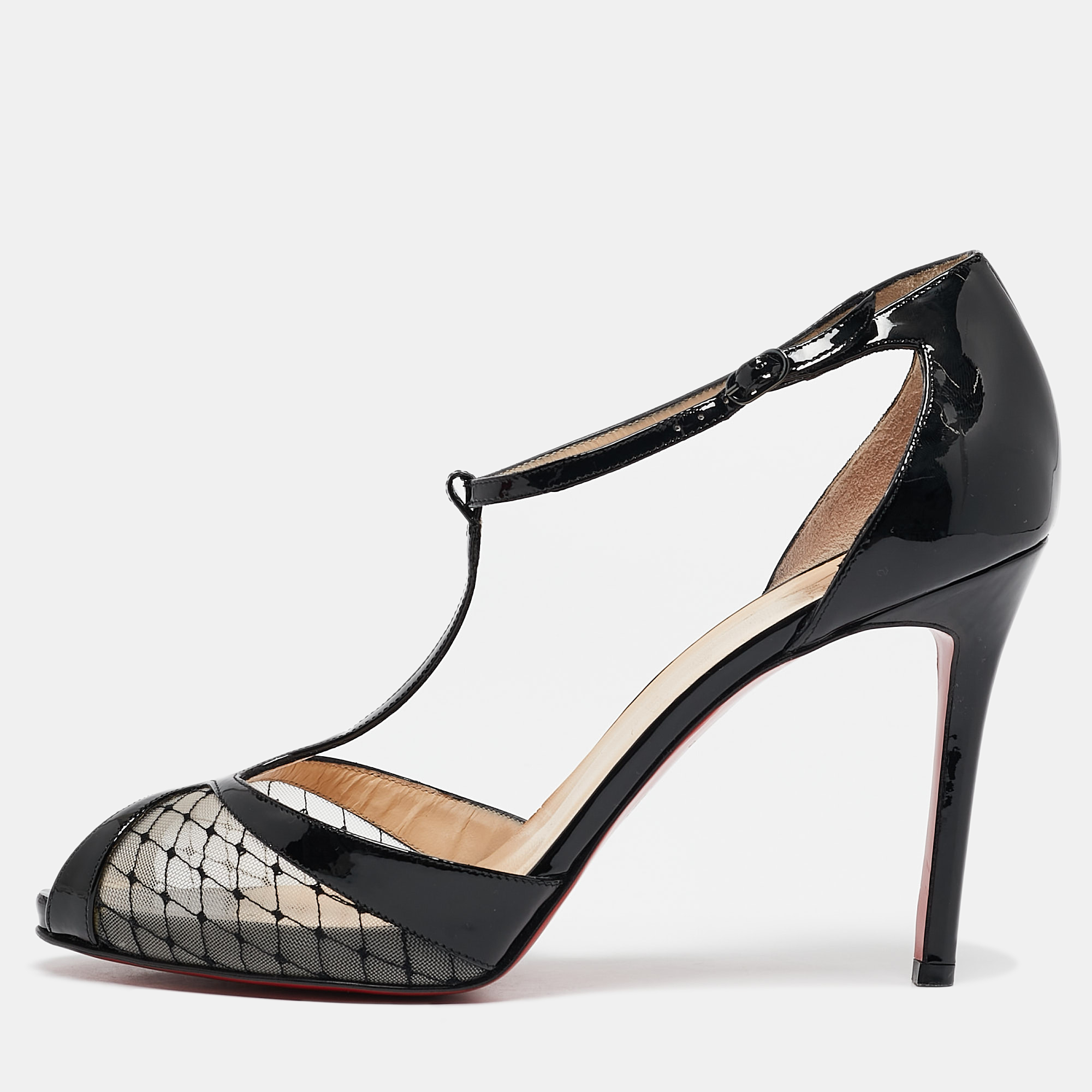 

Christian Louboutin Black Lace and Mesh Chantilly T-Strap Sandals Size