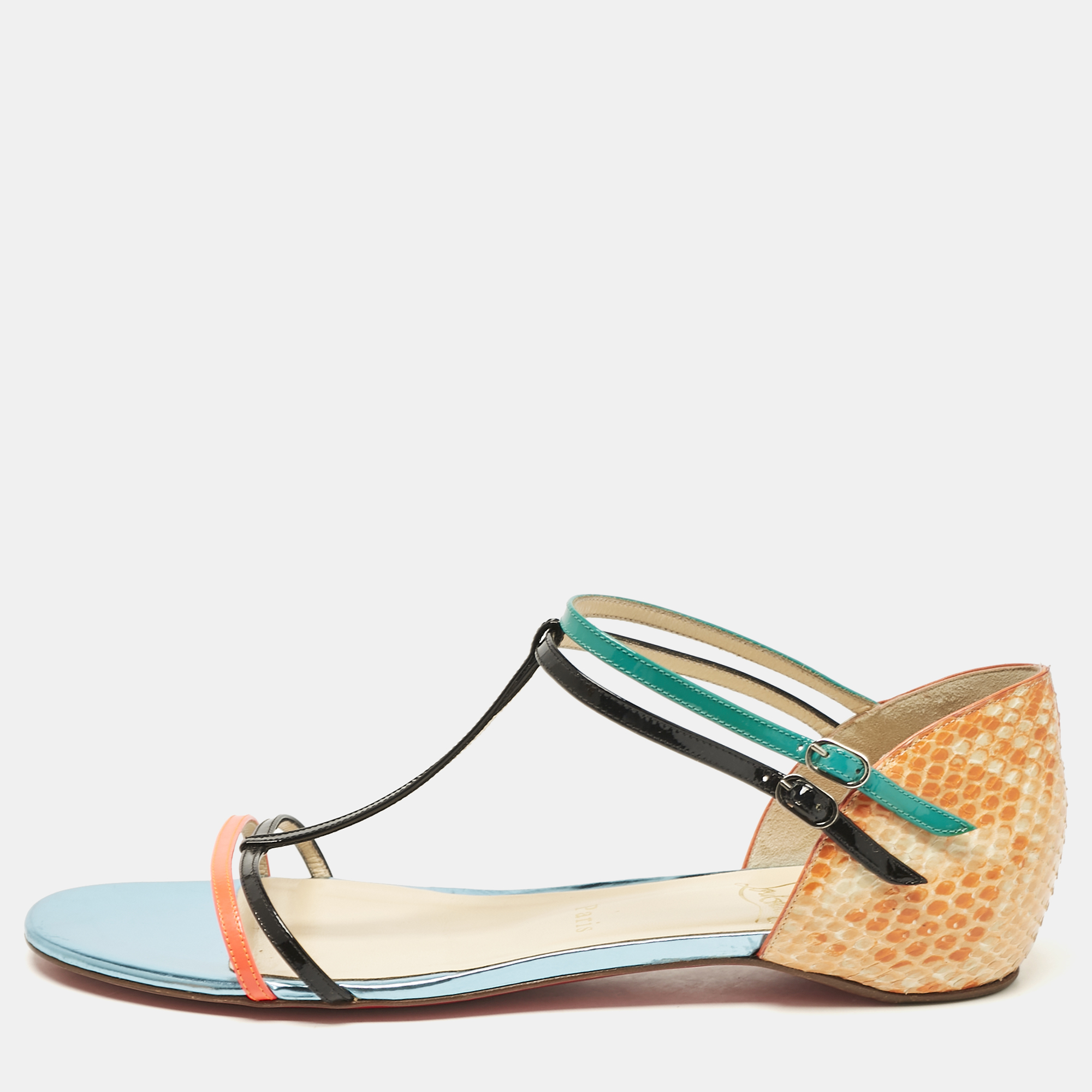 

Christian Louboutin Multicolor Patent and Snakeskin Arnold Strappy Flat Sandals Size