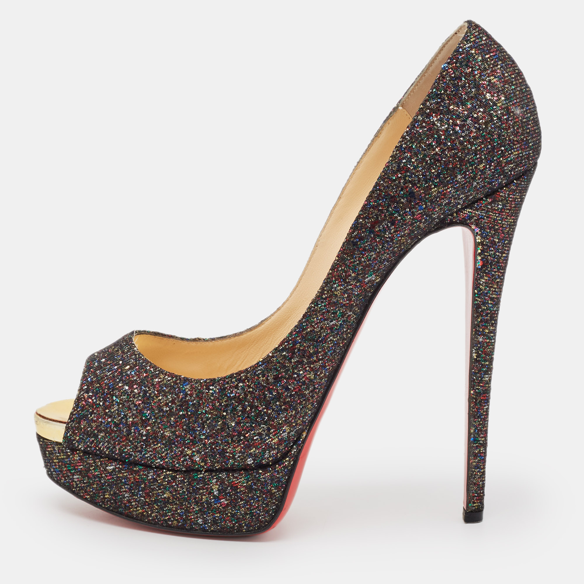 

Christian Louboutin Multicolor Glitter Fabric Lady Peep Pumps Size