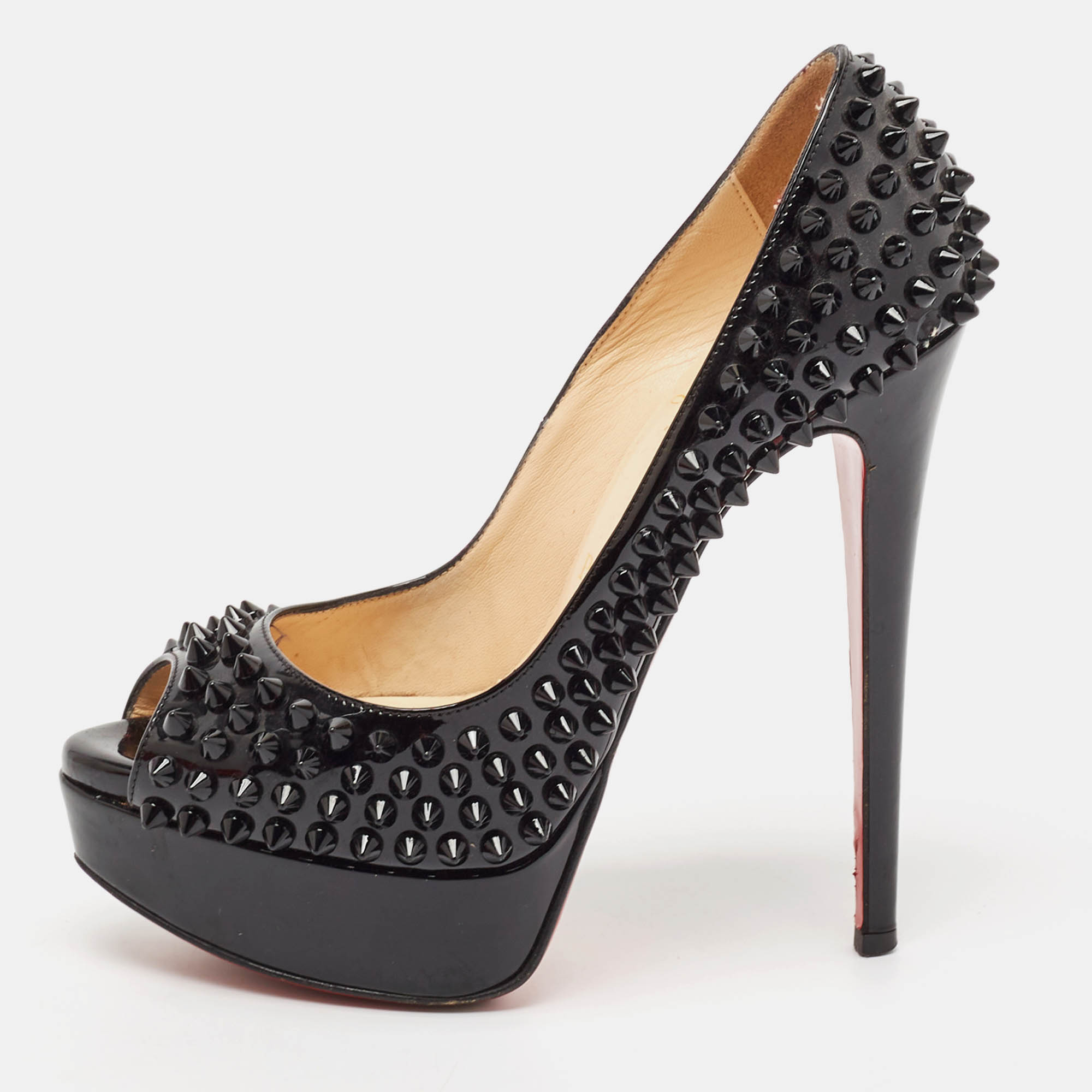 

Christian Louboutin Black Patent Lady Peep Spikes Pumps Size