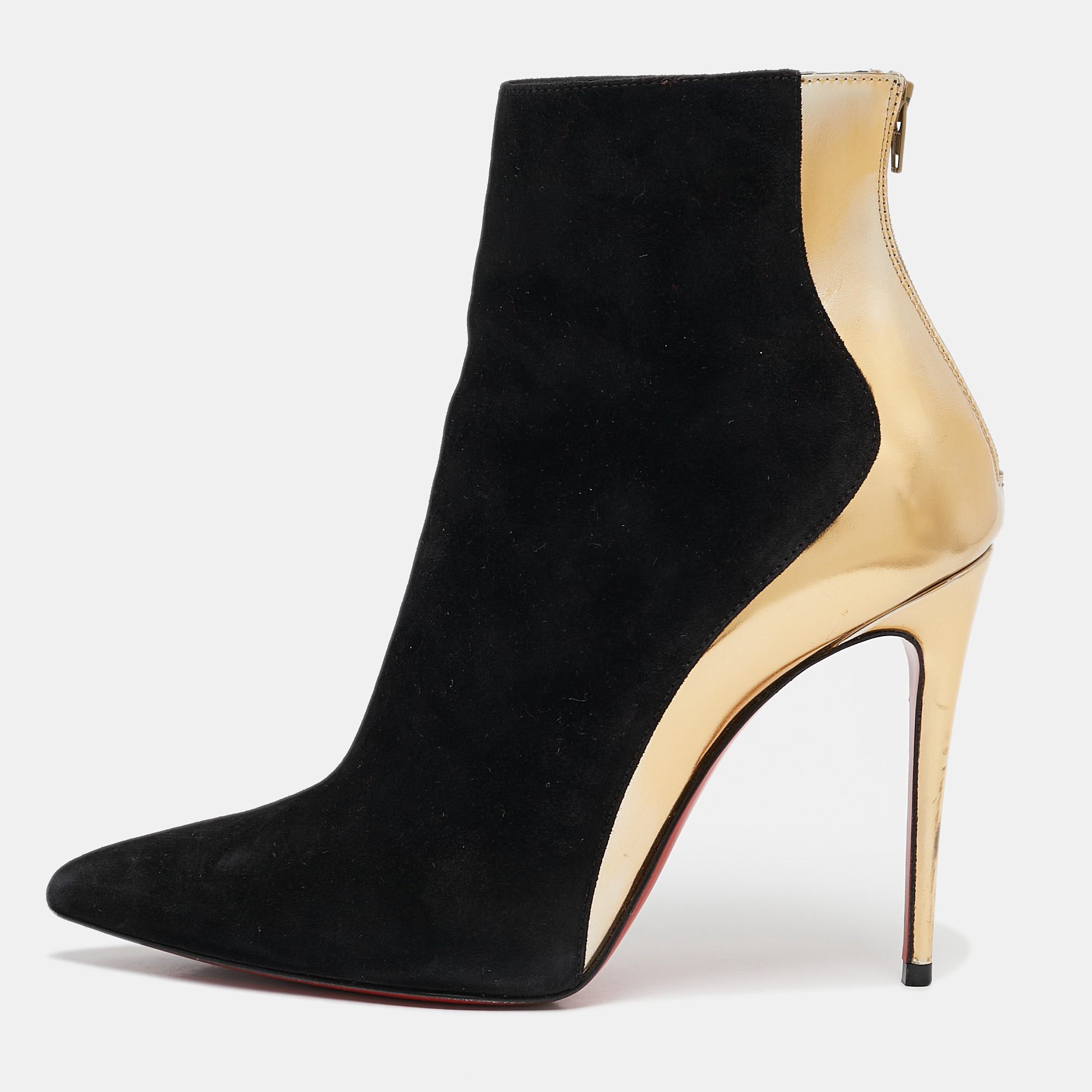 

Christian Louboutin Black/Gold Suede and Leather Delicotte Booties Size