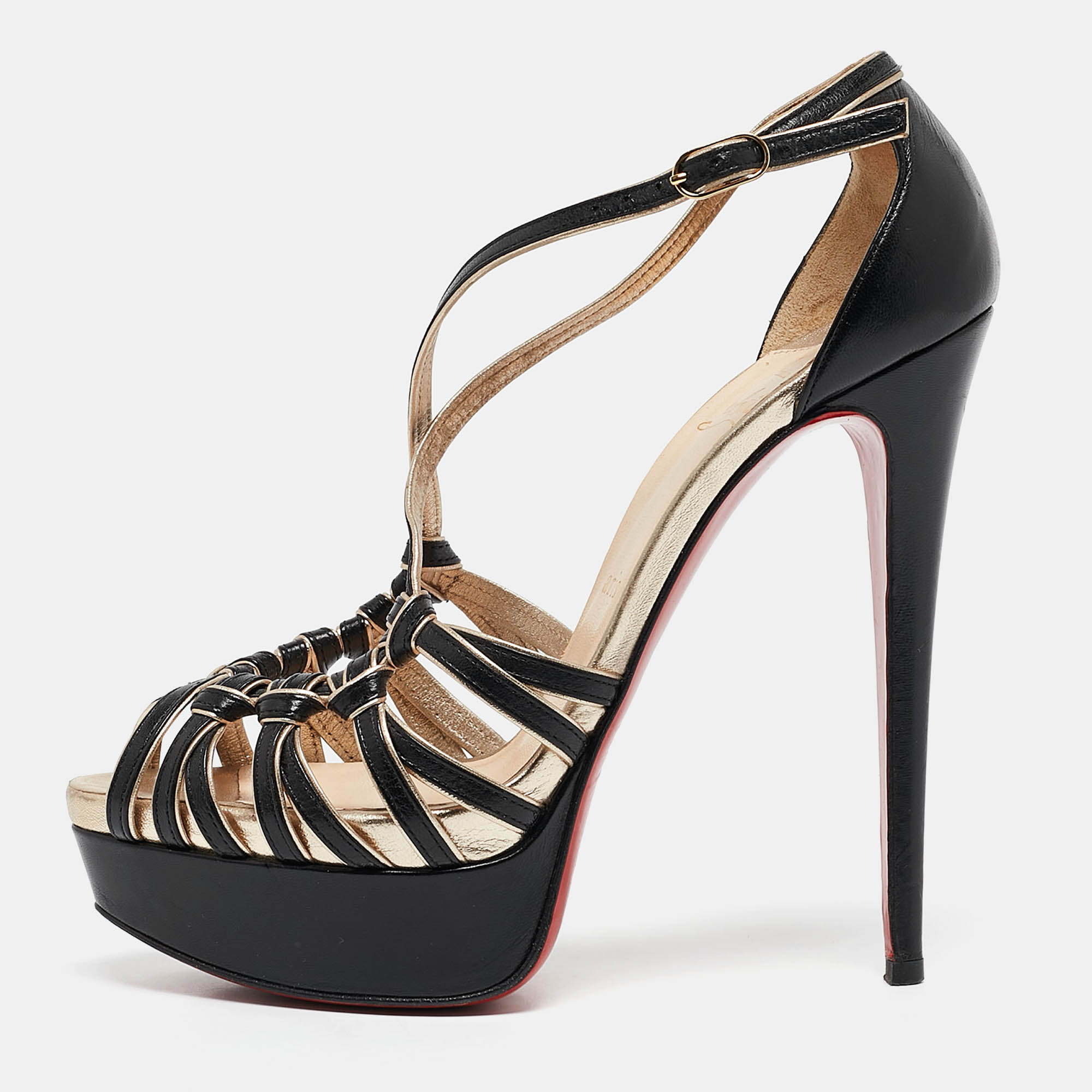 

Christian Louboutin Black/Gold Leather Strappy Platform Sandals Size