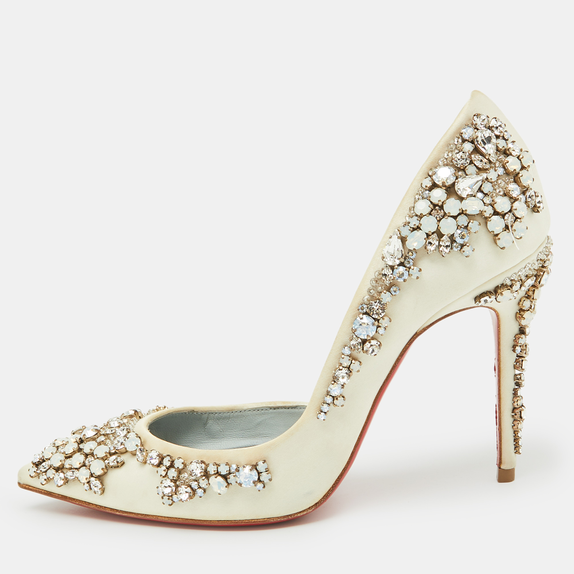 

Christian Louboutin White Satin Brodiriza Embellished D'orsay Pumps Size