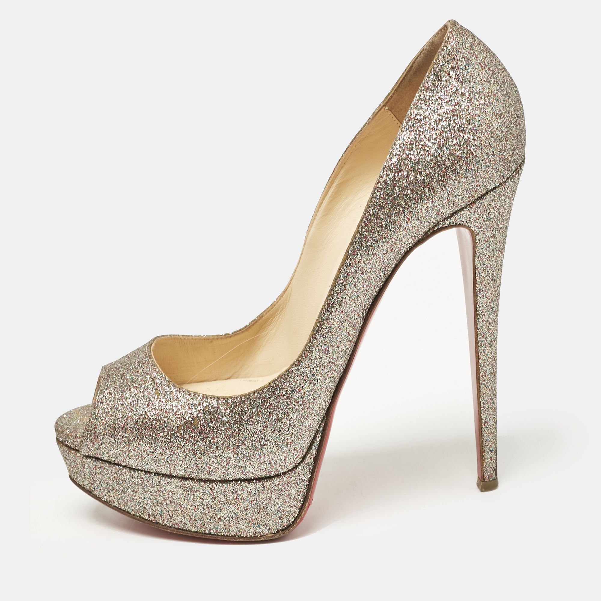 

Christian Louboutin Gold Glitter Lady Peep Toe Platform Pumps Size