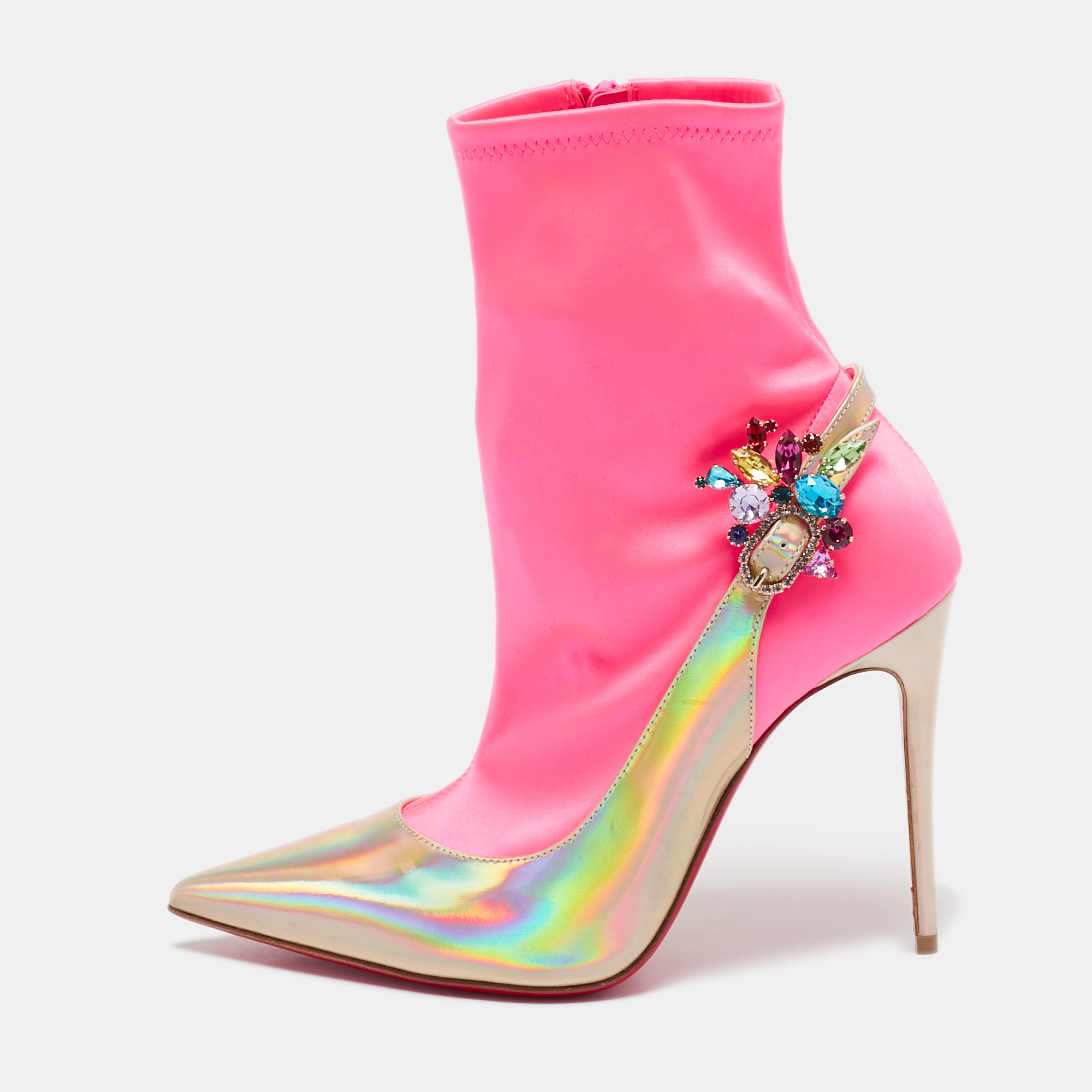 

Christian Louboutin Gold/Neon Pink Iridescent Leather and Fabric Jessie Joli Ankle Boots Size