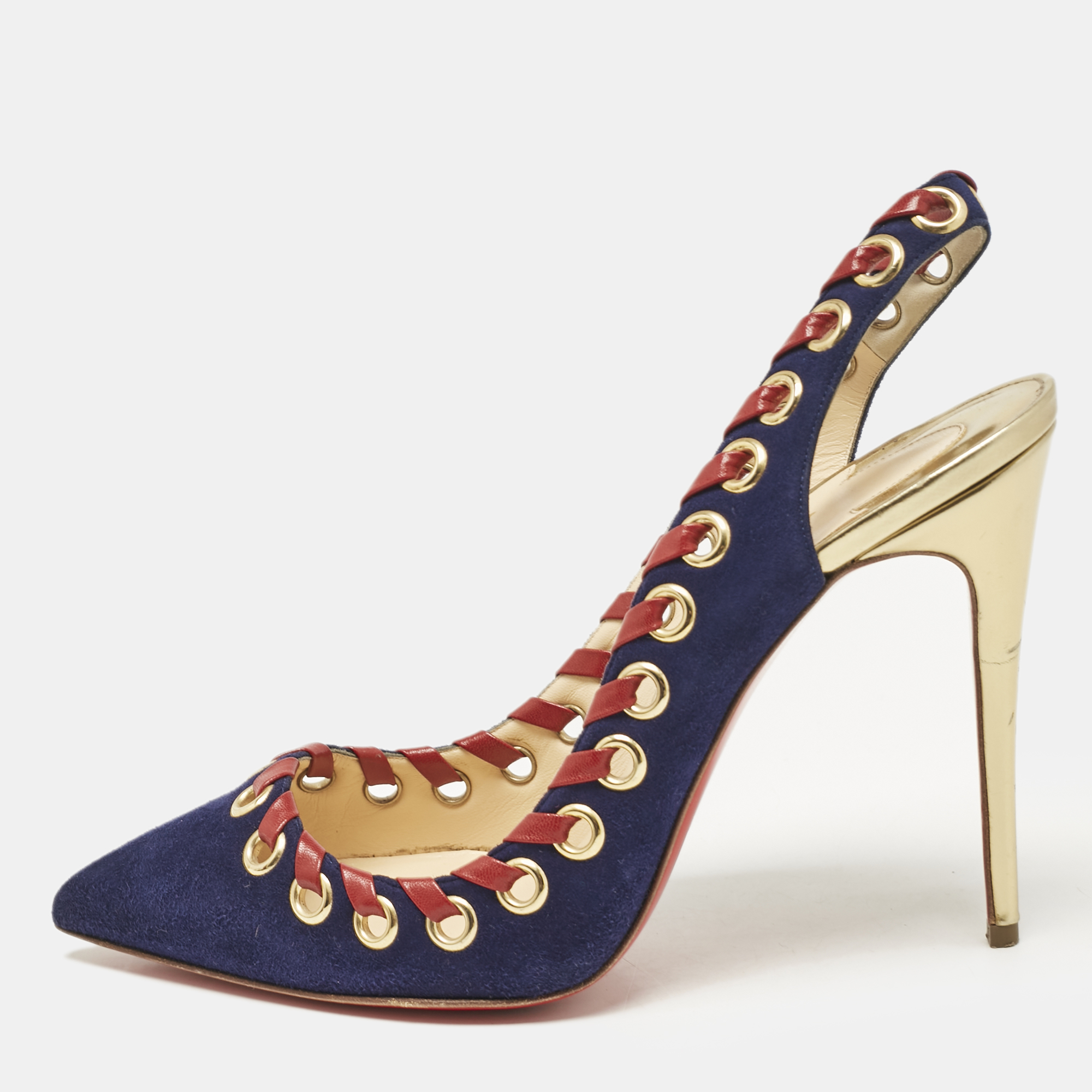 

Christian Louboutin Navy Blue Suede Ostri Slingback Pumps Size